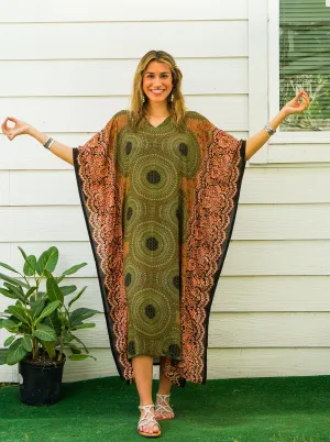 Olive Green Mandala Kimono Kaftan Dress