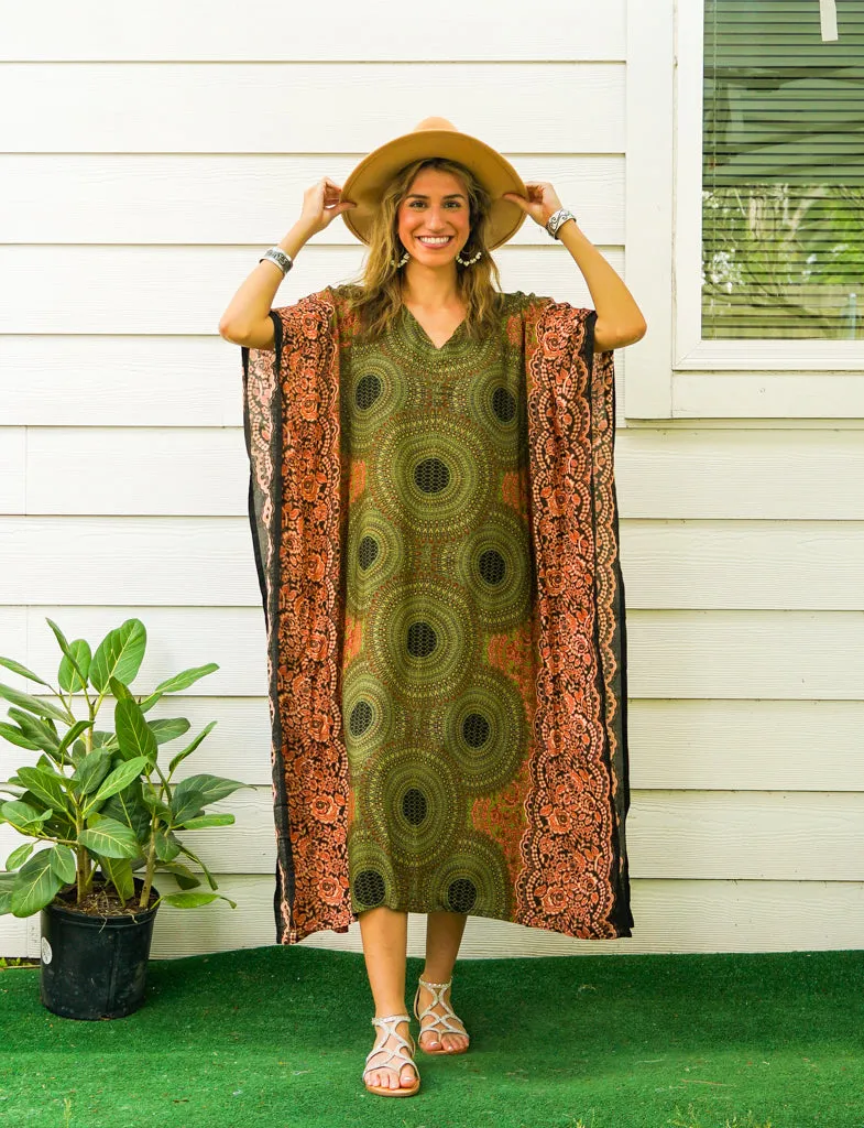 Olive Green Mandala Kimono Kaftan Dress