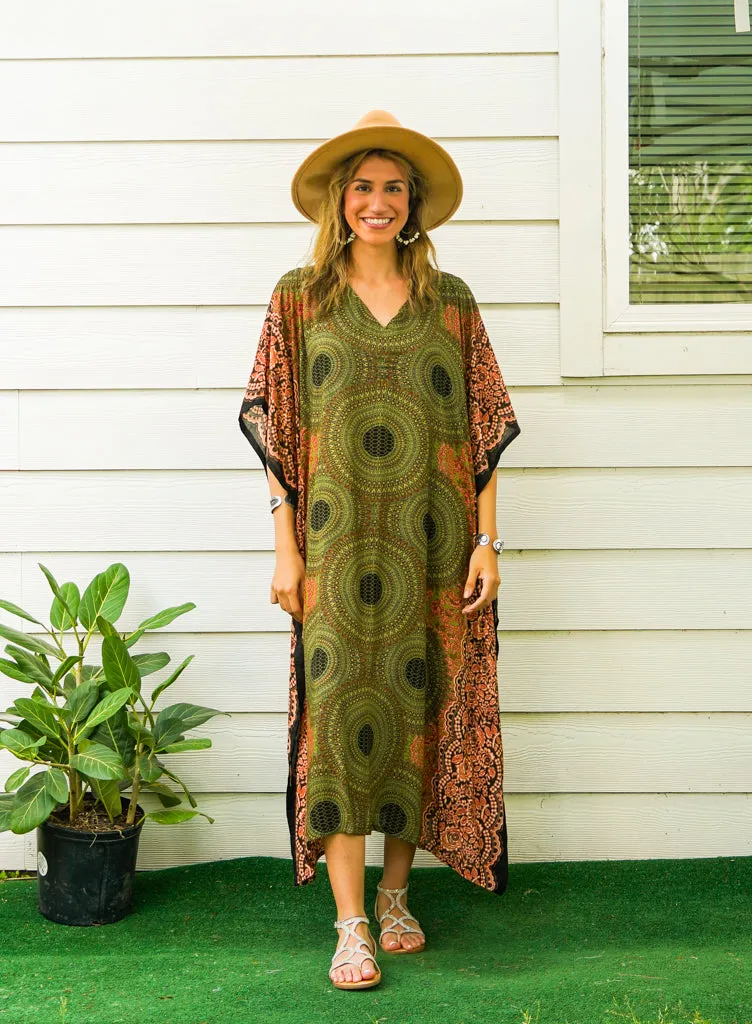 Olive Green Mandala Kimono Kaftan Dress