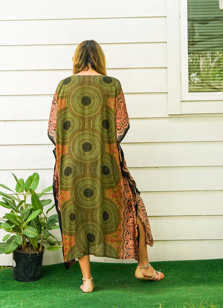 Olive Green Mandala Kimono Kaftan Dress