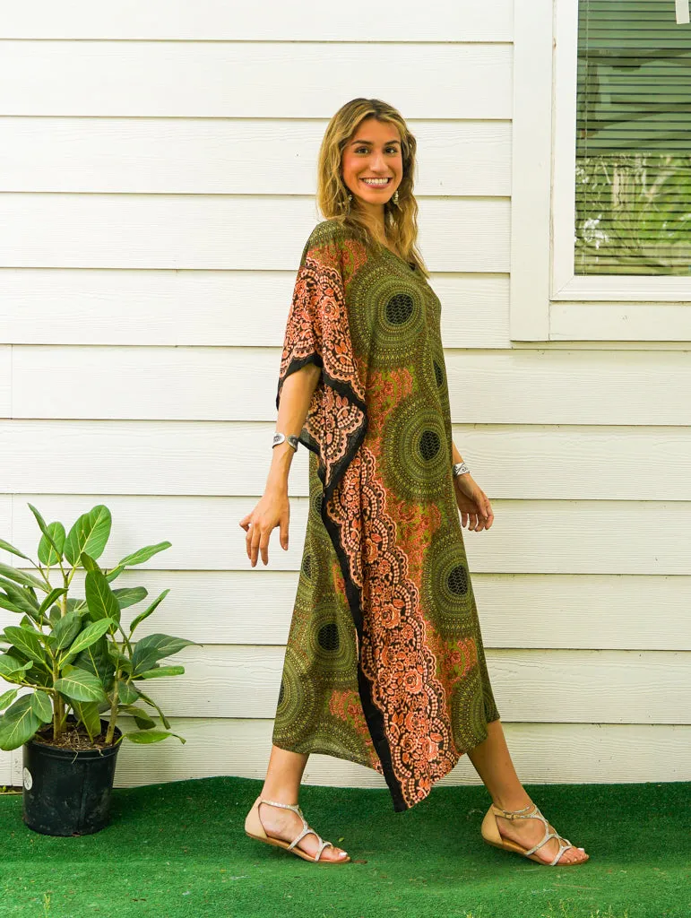 Olive Green Mandala Kimono Kaftan Dress