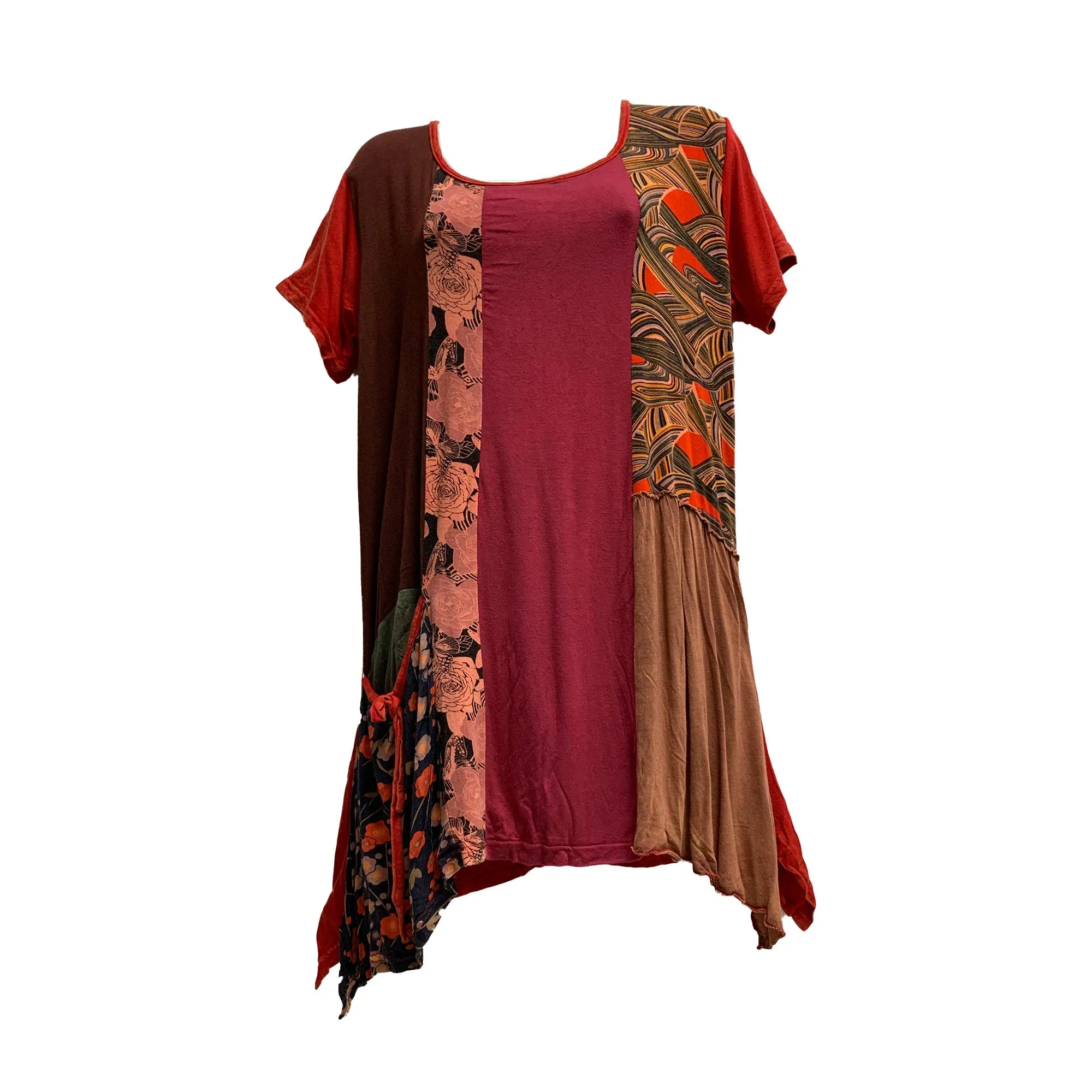 Patchwork Ethnic Print Boho Hippie Short Sleeve Mini Midi Dress with Pockets