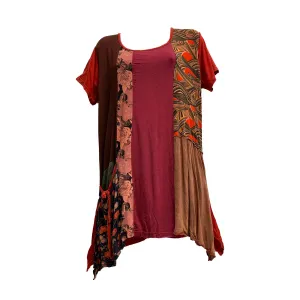 Patchwork Ethnic Print Boho Hippie Short Sleeve Mini Midi Dress with Pockets
