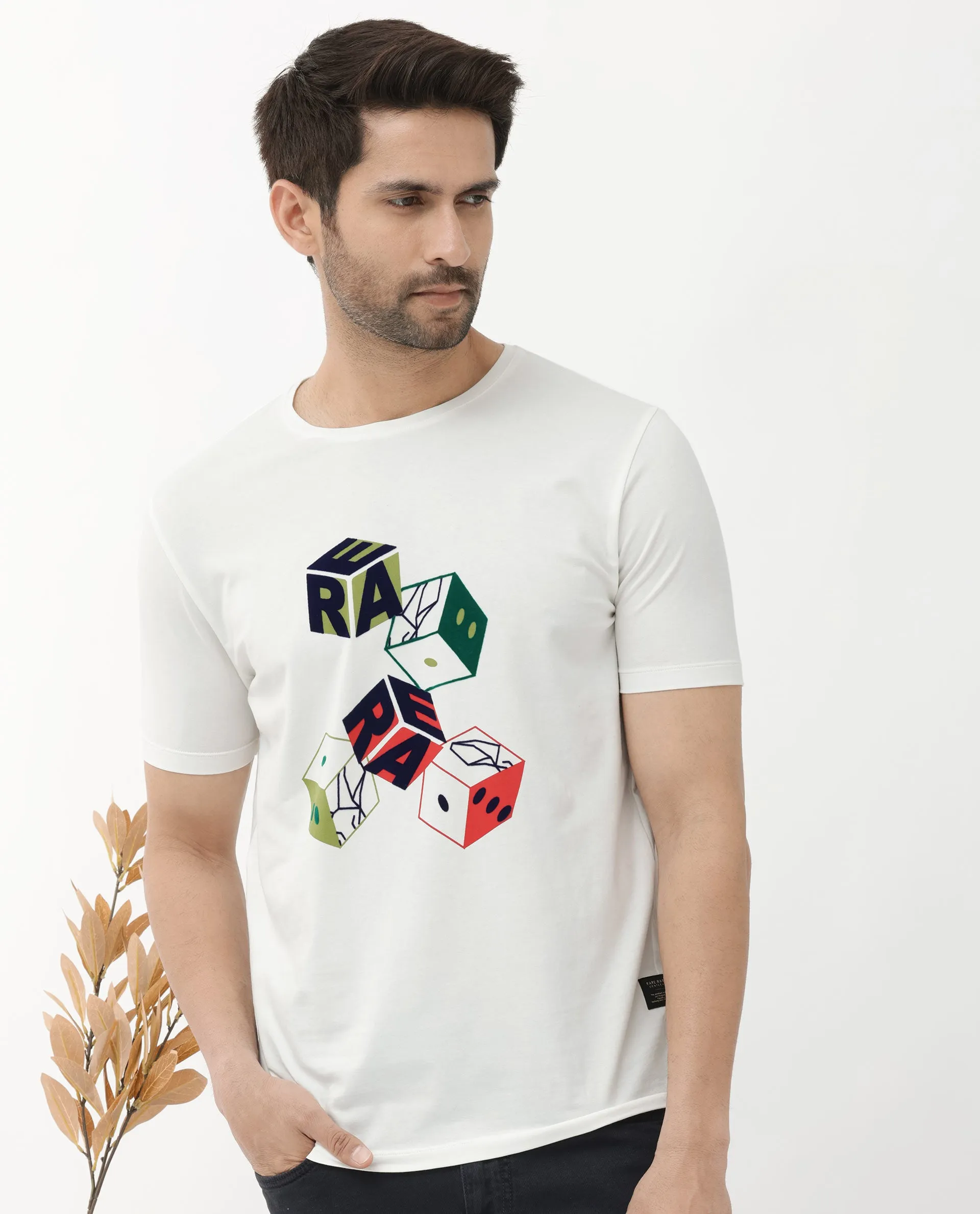 Rare Rabbit Articale Men's Amon Off White Cotton Polyester Fabric Half Sleeves Graphic Print T-Shirt
