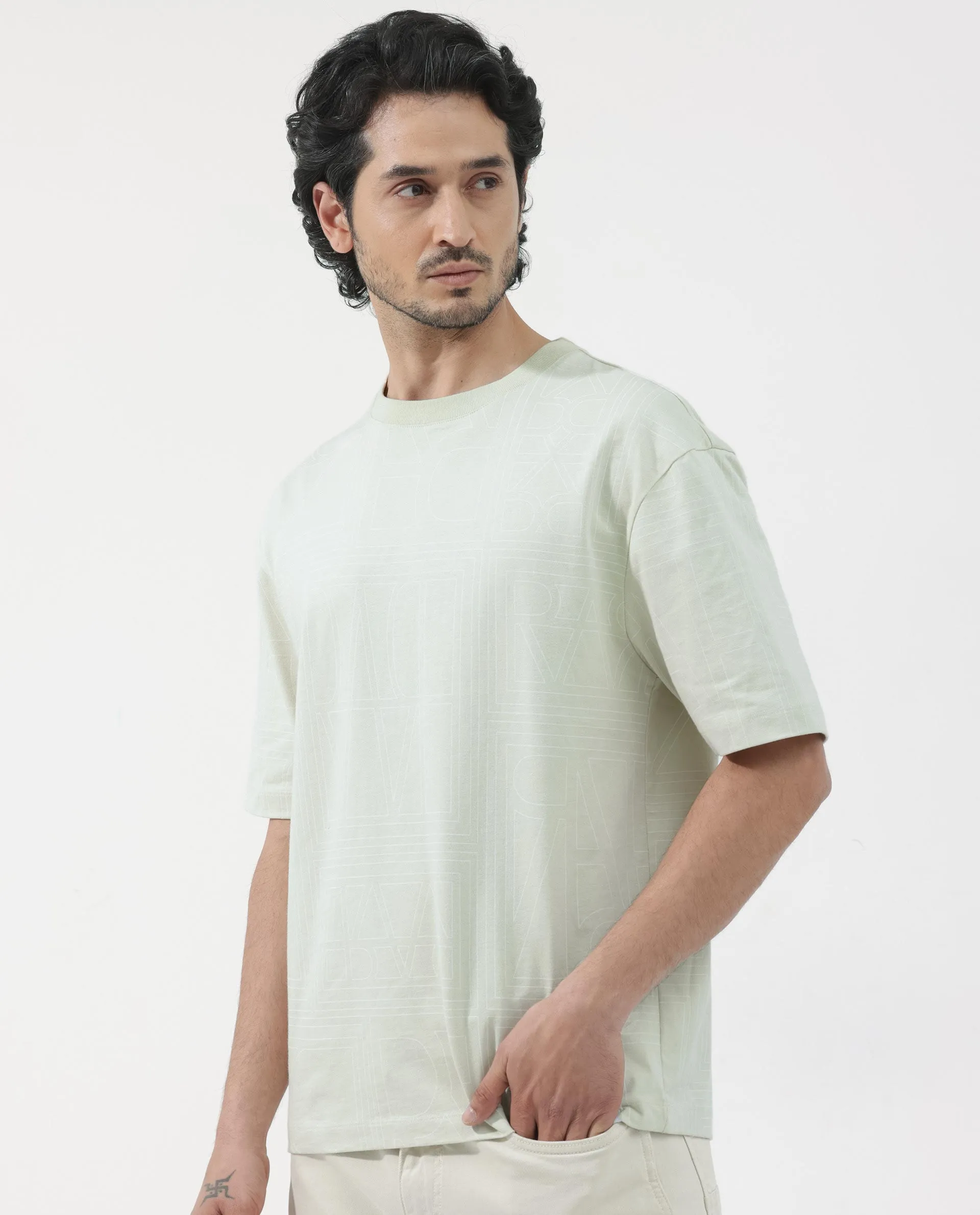 Rare Rabbit Articale Men's Hagrid Pastel Green Cotton Polyester Fabric Crew Neck Oversized Fit Branded Graphic Print T-Shirt