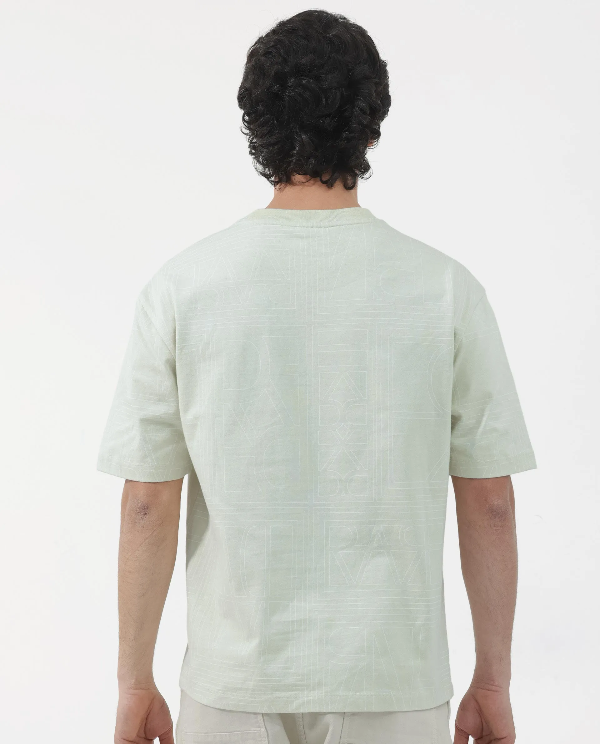 Rare Rabbit Articale Men's Hagrid Pastel Green Cotton Polyester Fabric Crew Neck Oversized Fit Branded Graphic Print T-Shirt