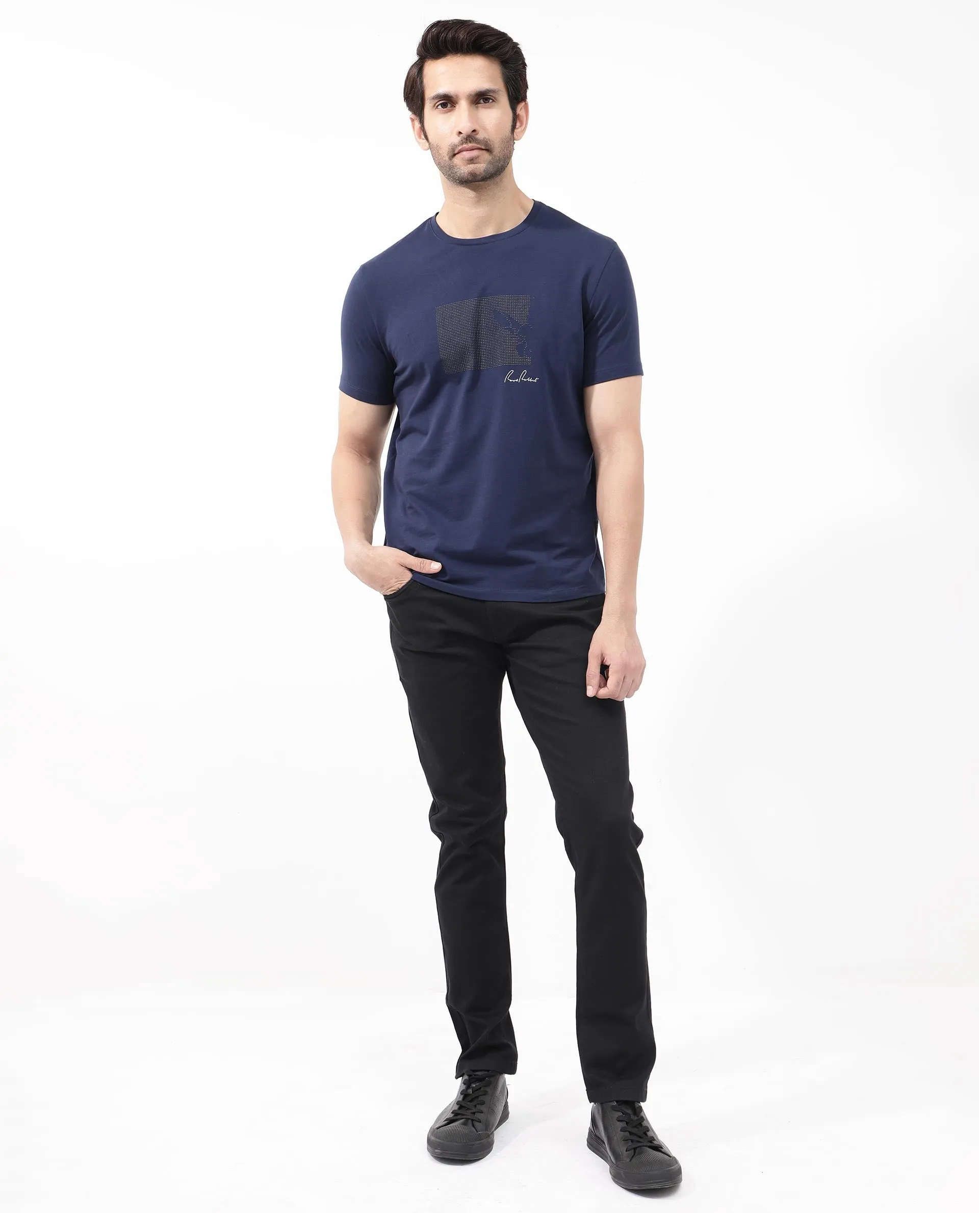 Rare Rabbit Articale Mens Lowell Navy Cotton Polyester Fabric Short Sleeve Crew Neck Regular Fit Graphic Printed T-Shirt
