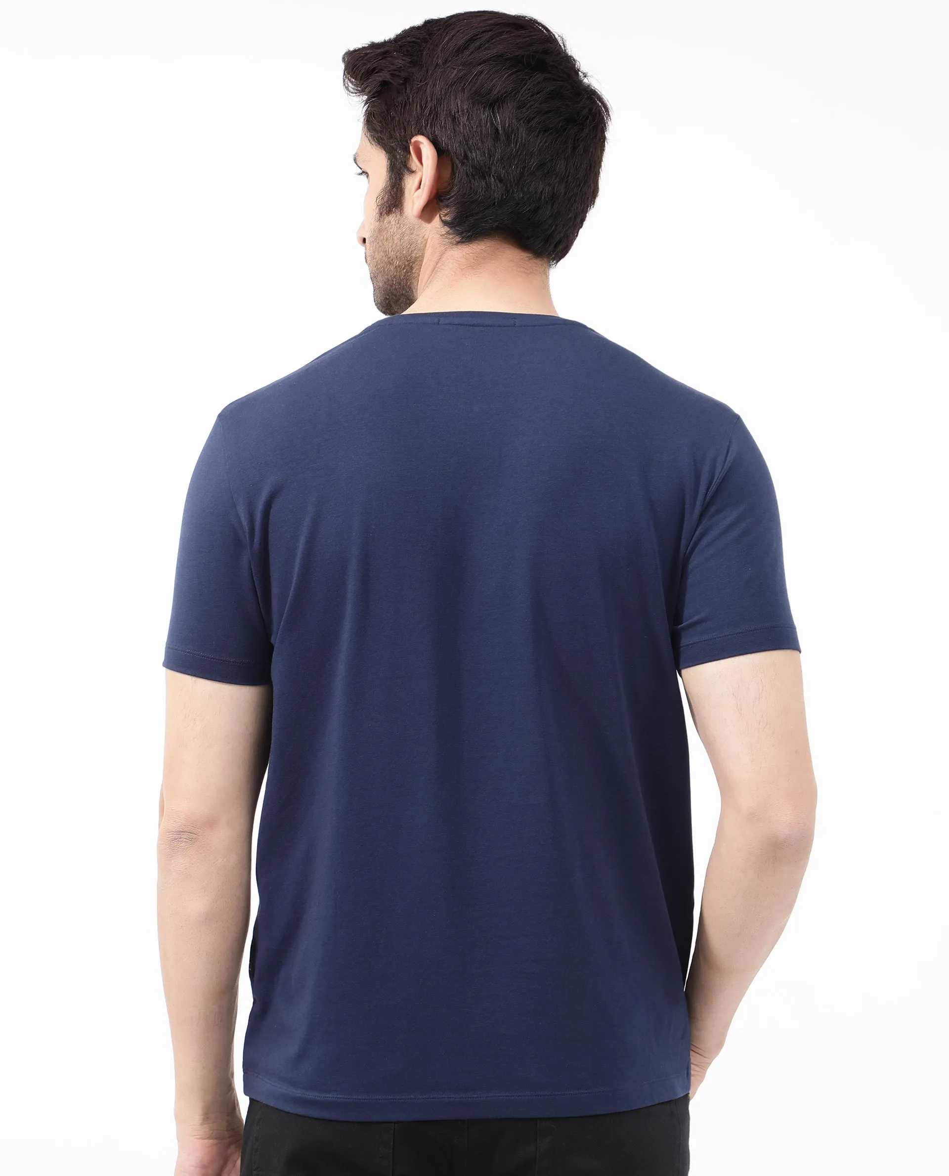 Rare Rabbit Articale Mens Lowell Navy Cotton Polyester Fabric Short Sleeve Crew Neck Regular Fit Graphic Printed T-Shirt