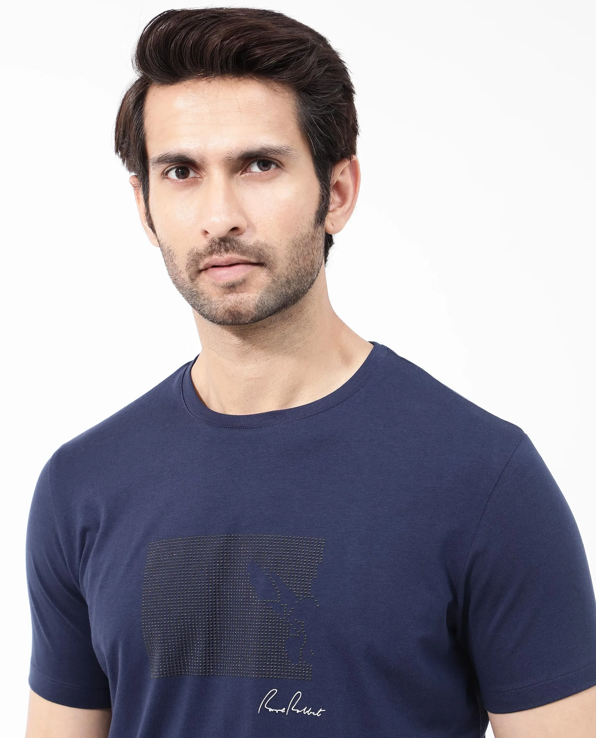 Rare Rabbit Articale Mens Lowell Navy Cotton Polyester Fabric Short Sleeve Crew Neck Regular Fit Graphic Printed T-Shirt