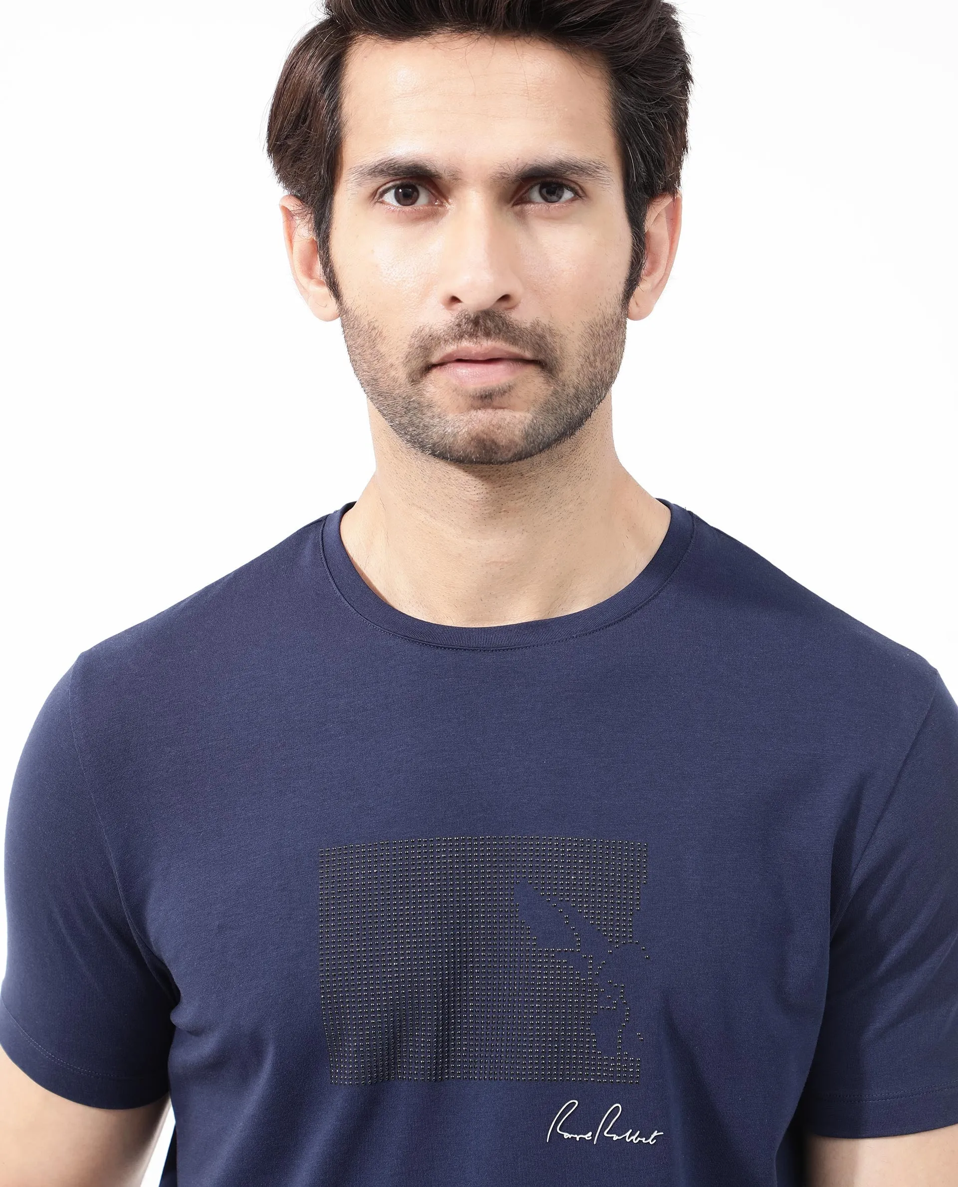 Rare Rabbit Articale Mens Lowell Navy Cotton Polyester Fabric Short Sleeve Crew Neck Regular Fit Graphic Printed T-Shirt