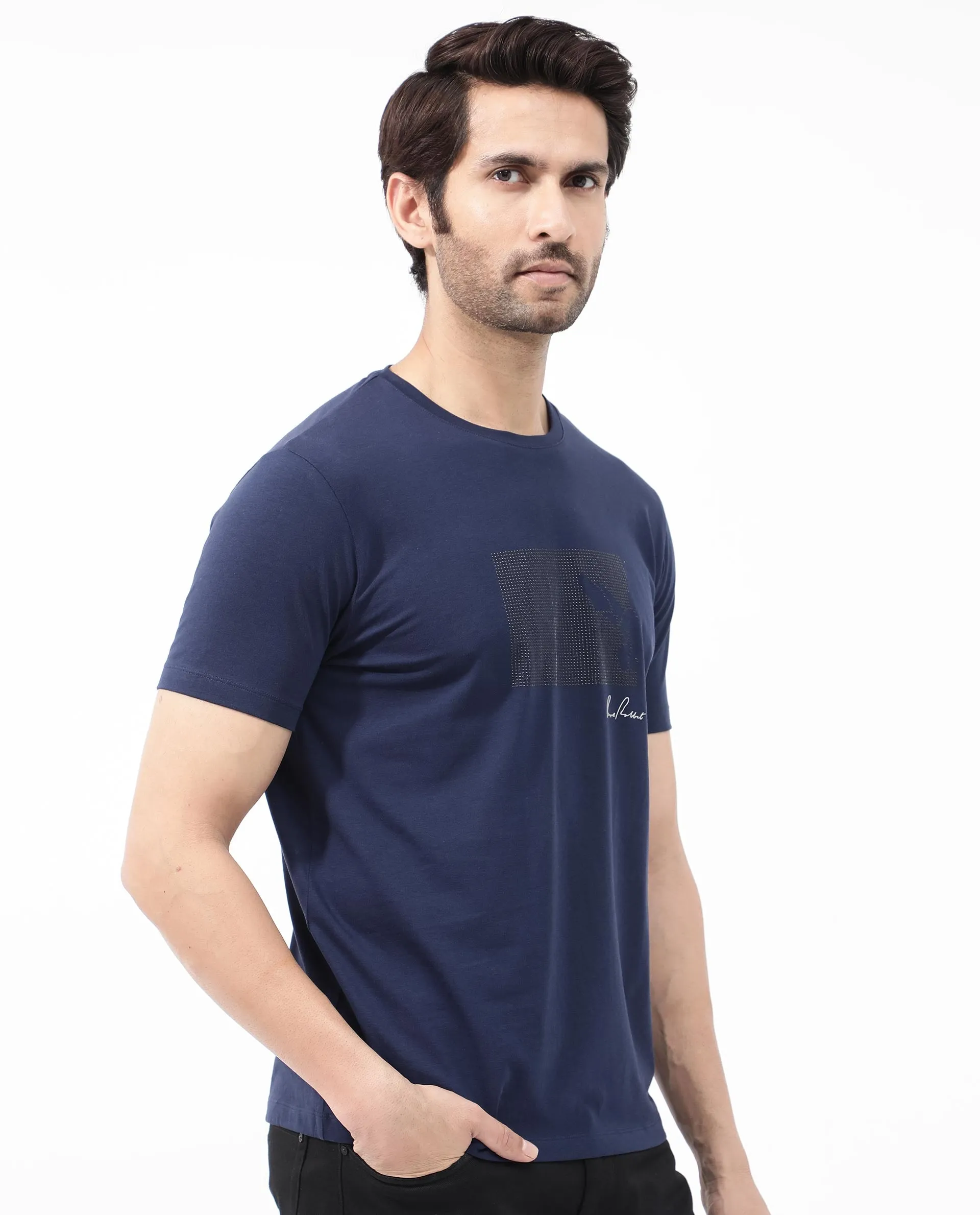 Rare Rabbit Articale Mens Lowell Navy Cotton Polyester Fabric Short Sleeve Crew Neck Regular Fit Graphic Printed T-Shirt