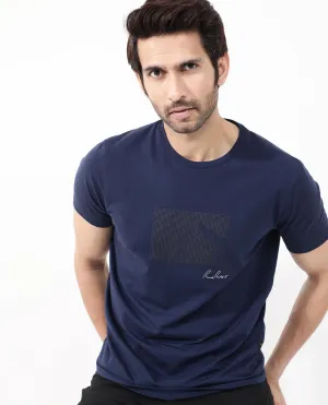 Rare Rabbit Articale Mens Lowell Navy Cotton Polyester Fabric Short Sleeve Crew Neck Regular Fit Graphic Printed T-Shirt