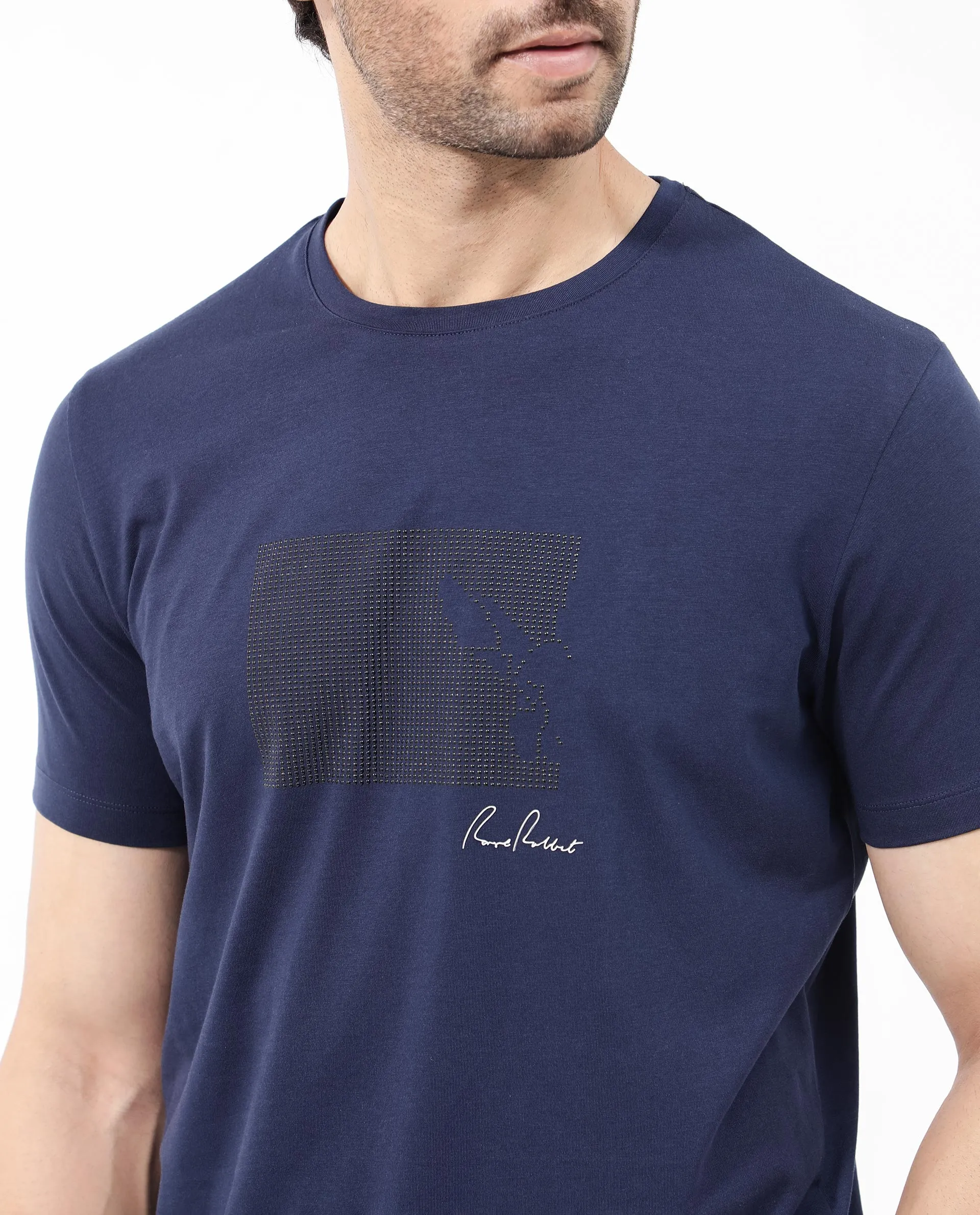 Rare Rabbit Articale Mens Lowell Navy Cotton Polyester Fabric Short Sleeve Crew Neck Regular Fit Graphic Printed T-Shirt