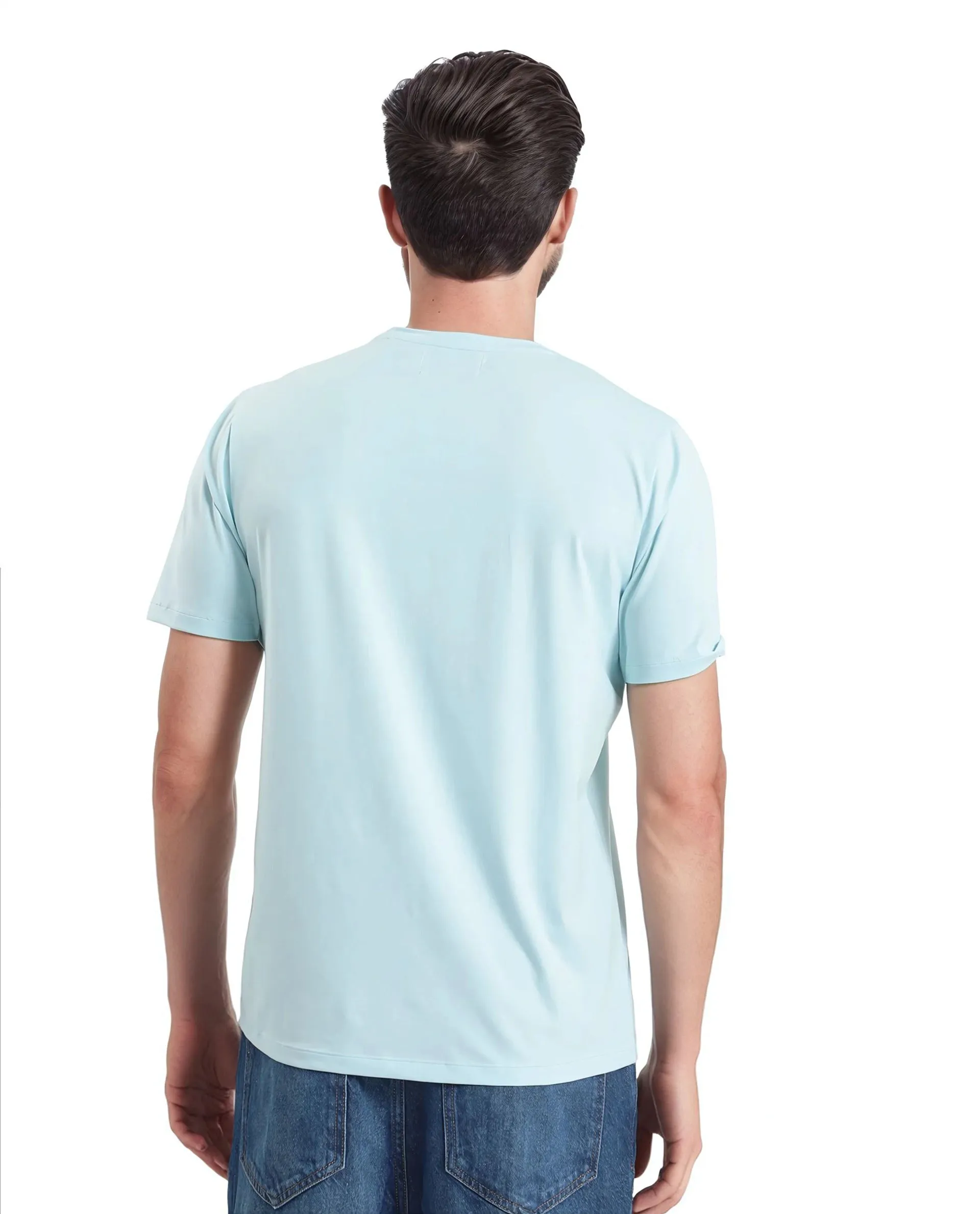 Rare Rabbit Men Brax Light Blue Cotton Blend Fabric Short Sleeve Crew Neck Graphic Print T-Shirt
