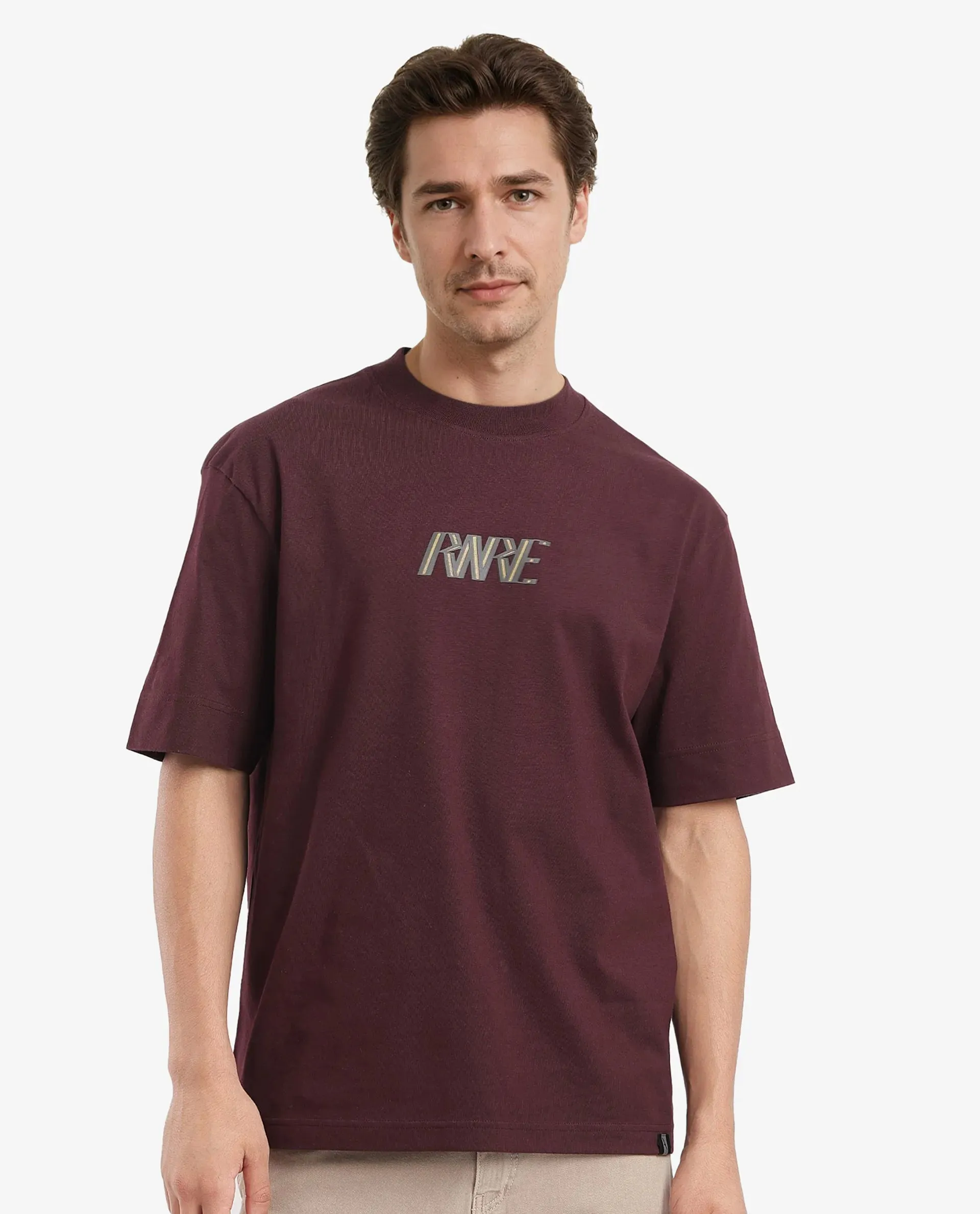 Rare Rabbit Men Harve Brown Cotton Fabric Short Sleeve Crew Neck Boxy Fit Branding Print T-Shirt