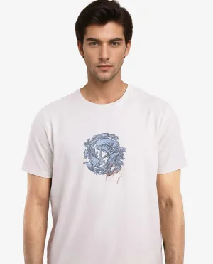 Rare Rabbit Men Kowl Off White Cotton Lycra Fabric Short Sleeve Crew Neck Regular Fit Graphic Print T-Shirt