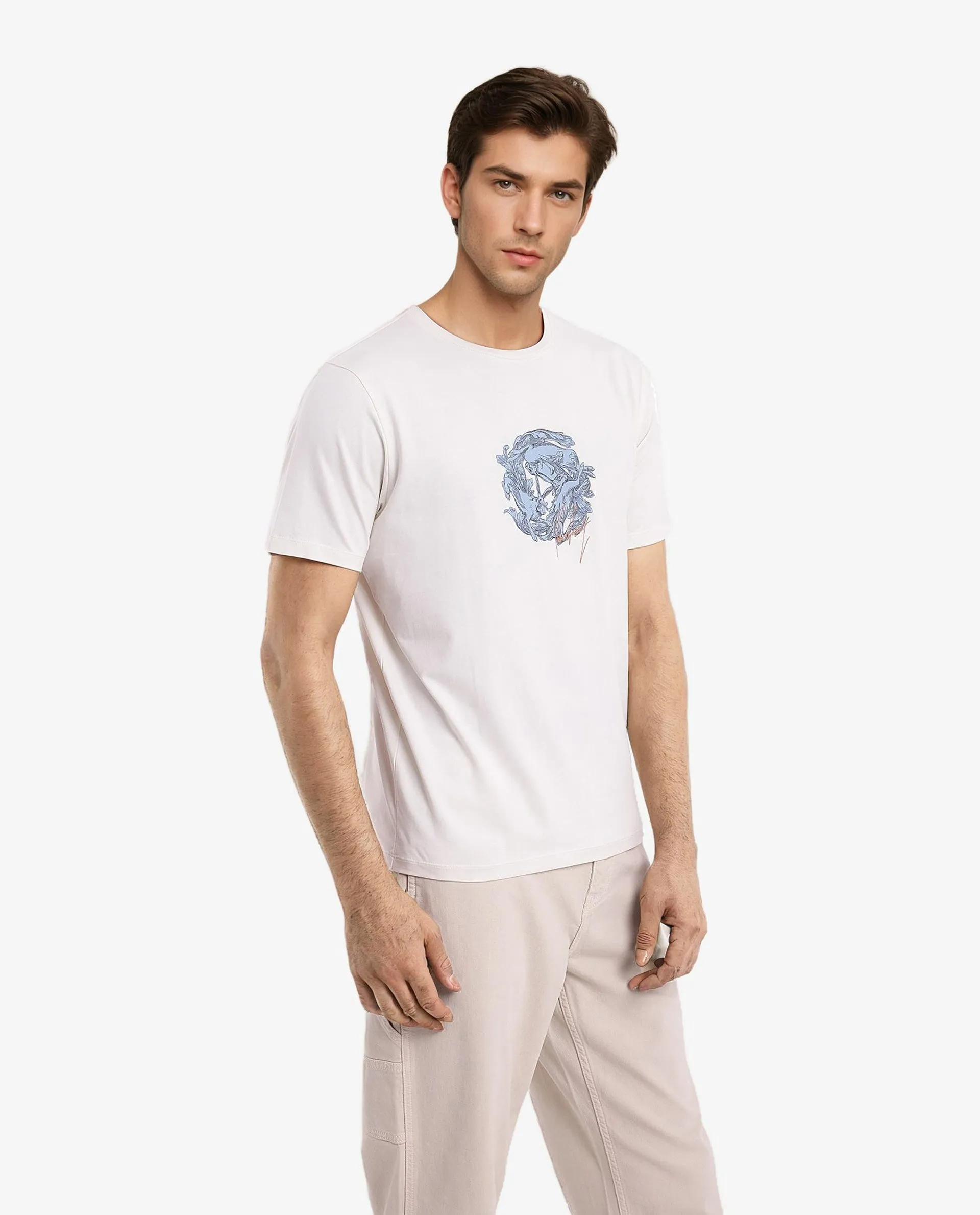 Rare Rabbit Men Kowl Off White Cotton Lycra Fabric Short Sleeve Crew Neck Regular Fit Graphic Print T-Shirt
