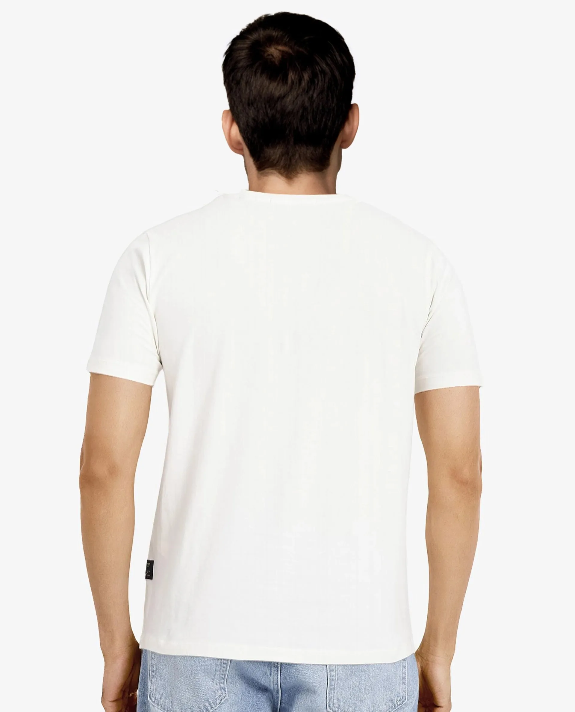 Rare Rabbit Men Lason Off White Cotton Lycra Fabric Short Sleeve Crew Neck Regular Fit Graphic Print T-Shirt