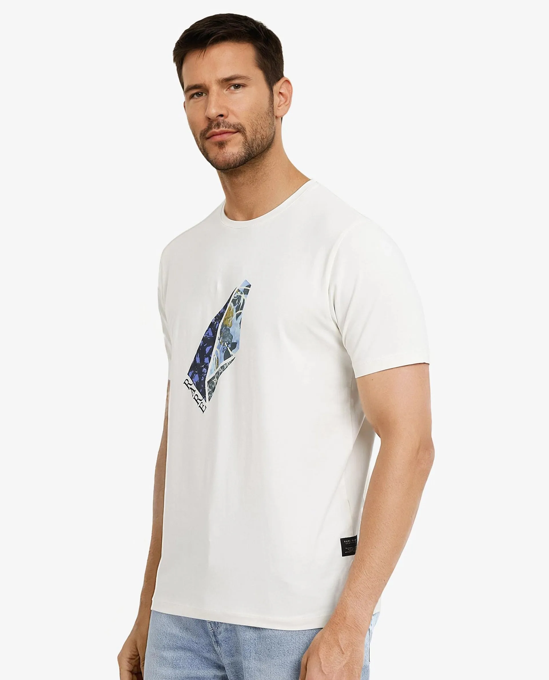 Rare Rabbit Men Lason Off White Cotton Lycra Fabric Short Sleeve Crew Neck Regular Fit Graphic Print T-Shirt