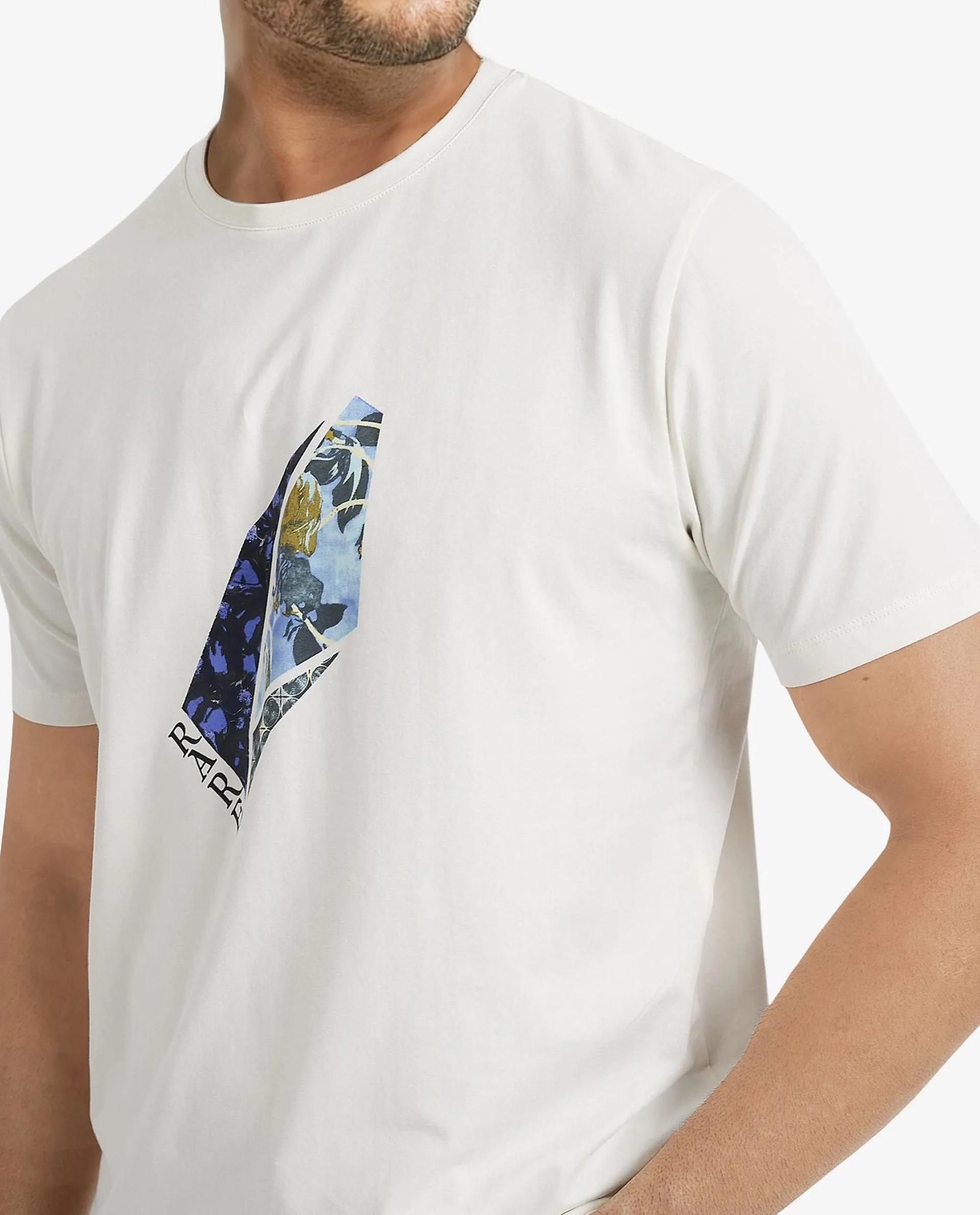 Rare Rabbit Men Lason Off White Cotton Lycra Fabric Short Sleeve Crew Neck Regular Fit Graphic Print T-Shirt