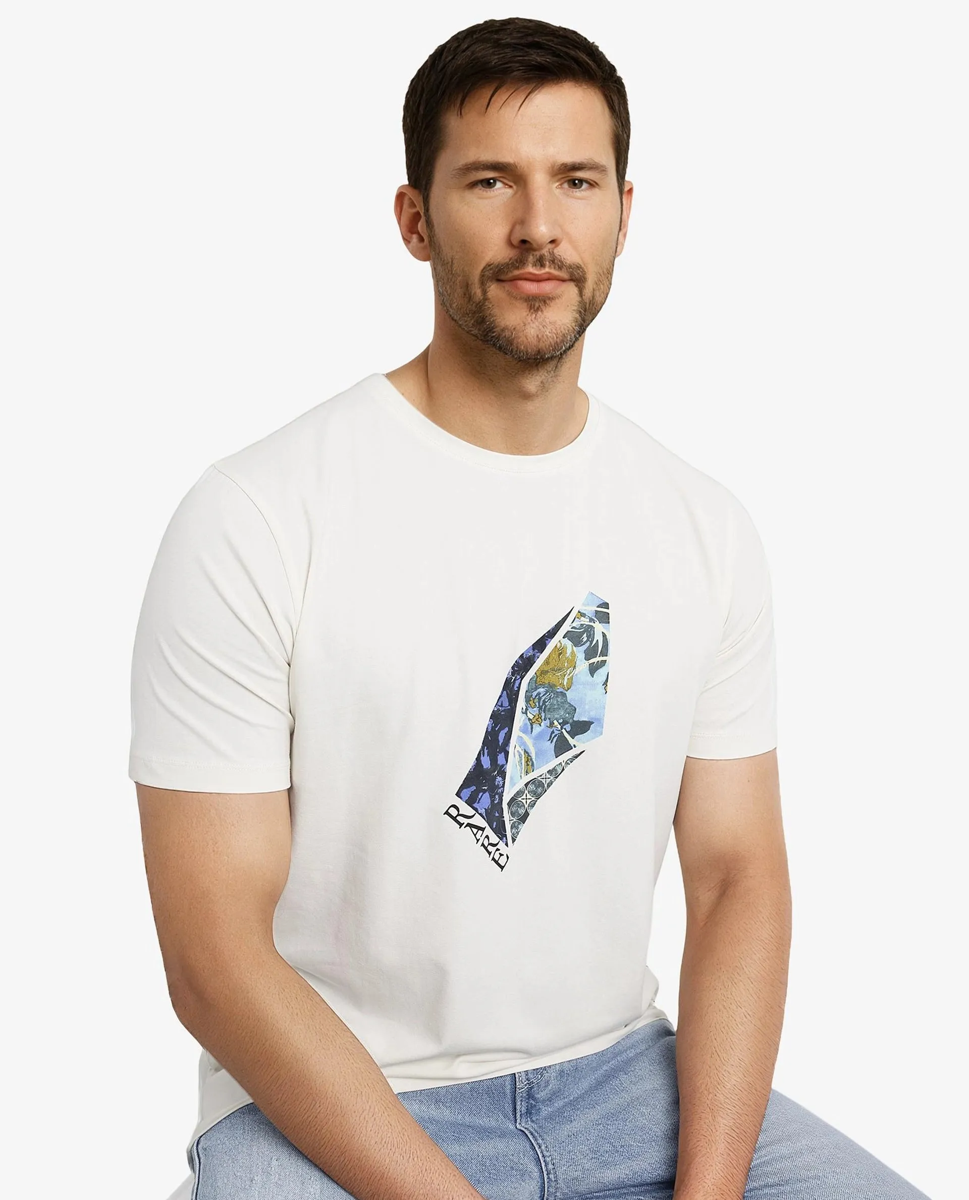Rare Rabbit Men Lason Off White Cotton Lycra Fabric Short Sleeve Crew Neck Regular Fit Graphic Print T-Shirt