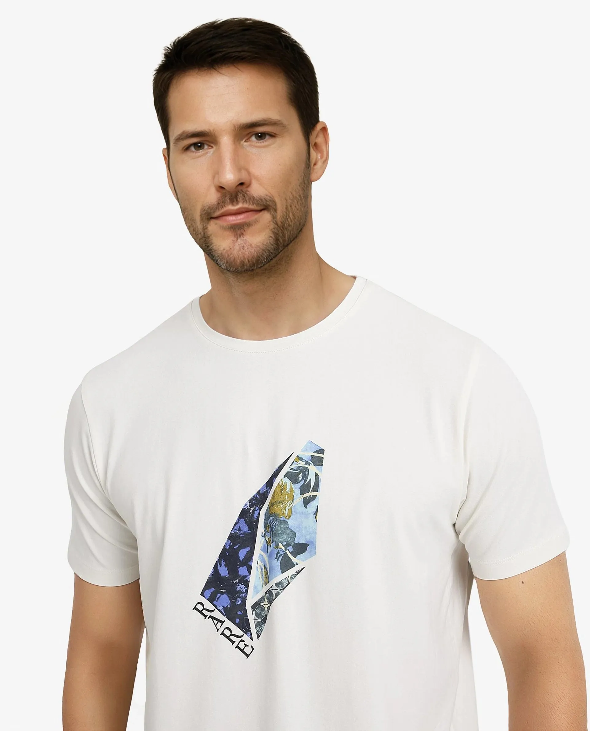 Rare Rabbit Men Lason Off White Cotton Lycra Fabric Short Sleeve Crew Neck Regular Fit Graphic Print T-Shirt