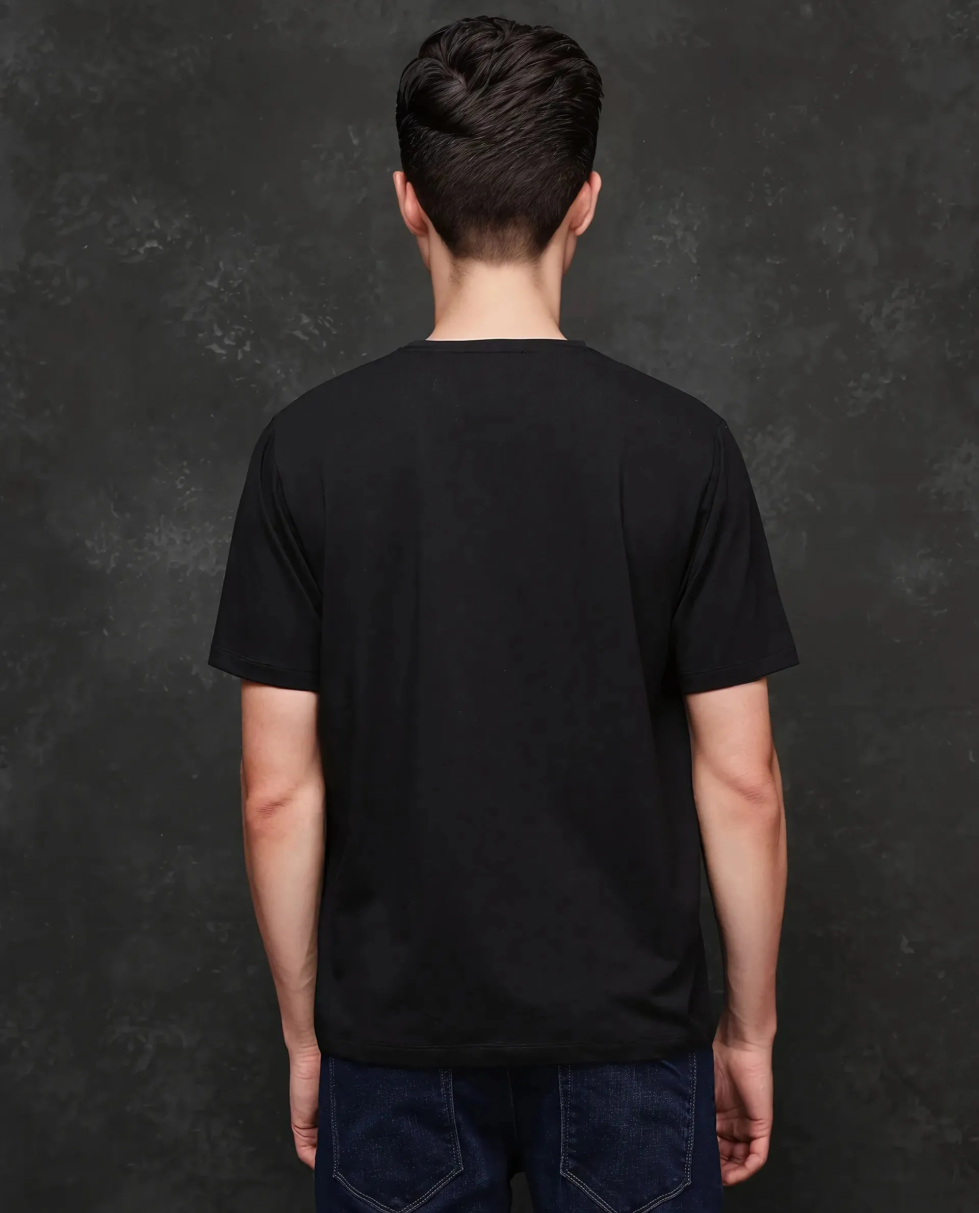 Rare Rabbit Men Maisel-25 Black Cotton Blend Fabric Short Sleeve Crew Neck Hd Print T-Shirt