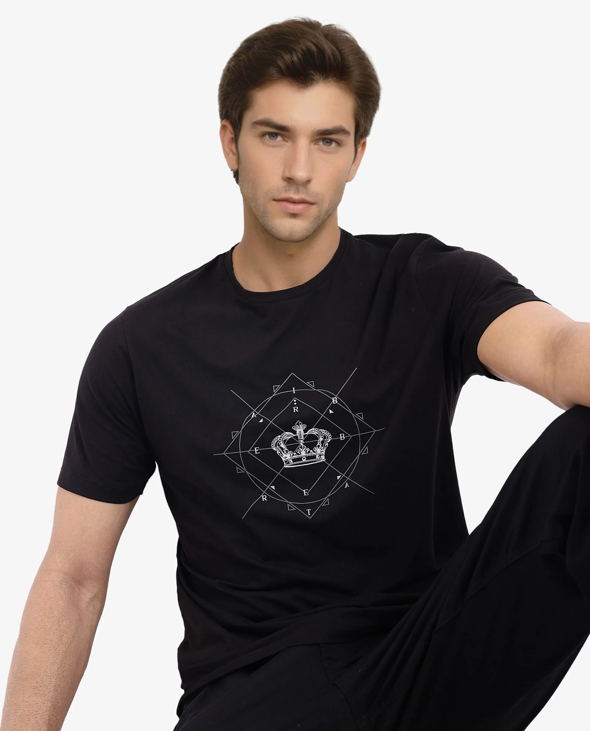 Rare Rabbit Men Naz Black Cotton Lycra Fabric Short Sleeve Crew Neck Regular Fit Graphic Print T-Shirt