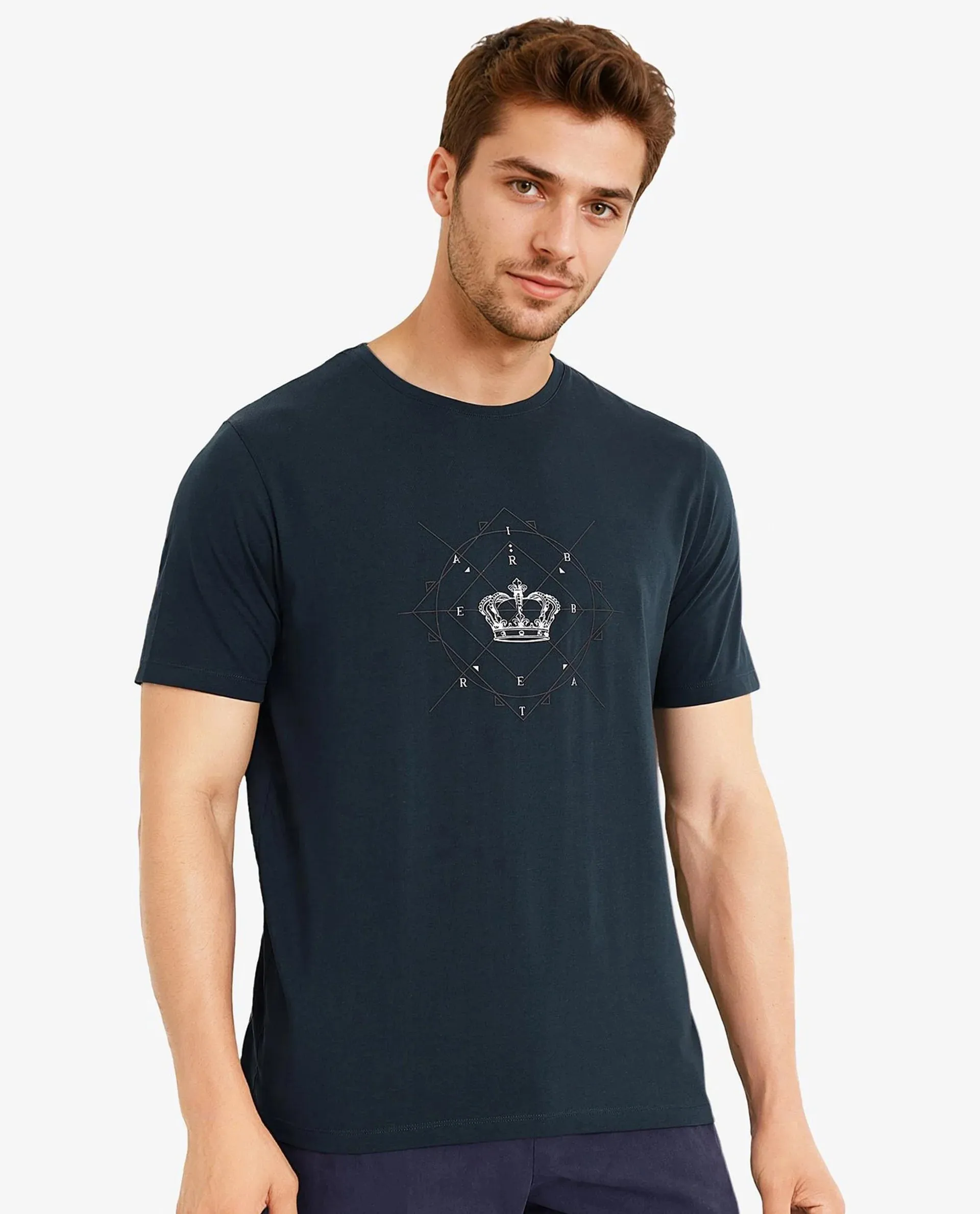 Rare Rabbit Men Naz Dark Green Cotton Lycra Fabric Short Sleeve Crew Neck Regular Fit Graphic Print T-Shirt