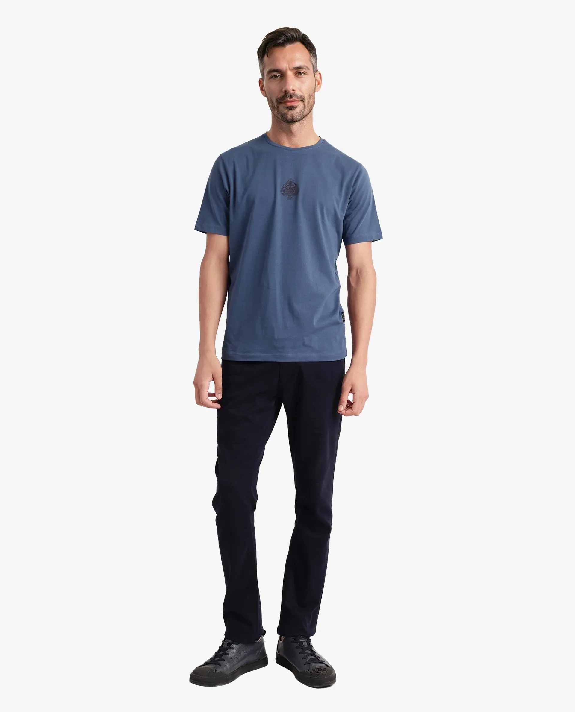 Rare Rabbit Men Tegor Petrol Cotton Lycra Fabric Short Sleeve Crew Neck Regular Fit Graphic Back Flock Print T-Shirt