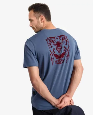Rare Rabbit Men Tegor Petrol Cotton Lycra Fabric Short Sleeve Crew Neck Regular Fit Graphic Back Flock Print T-Shirt