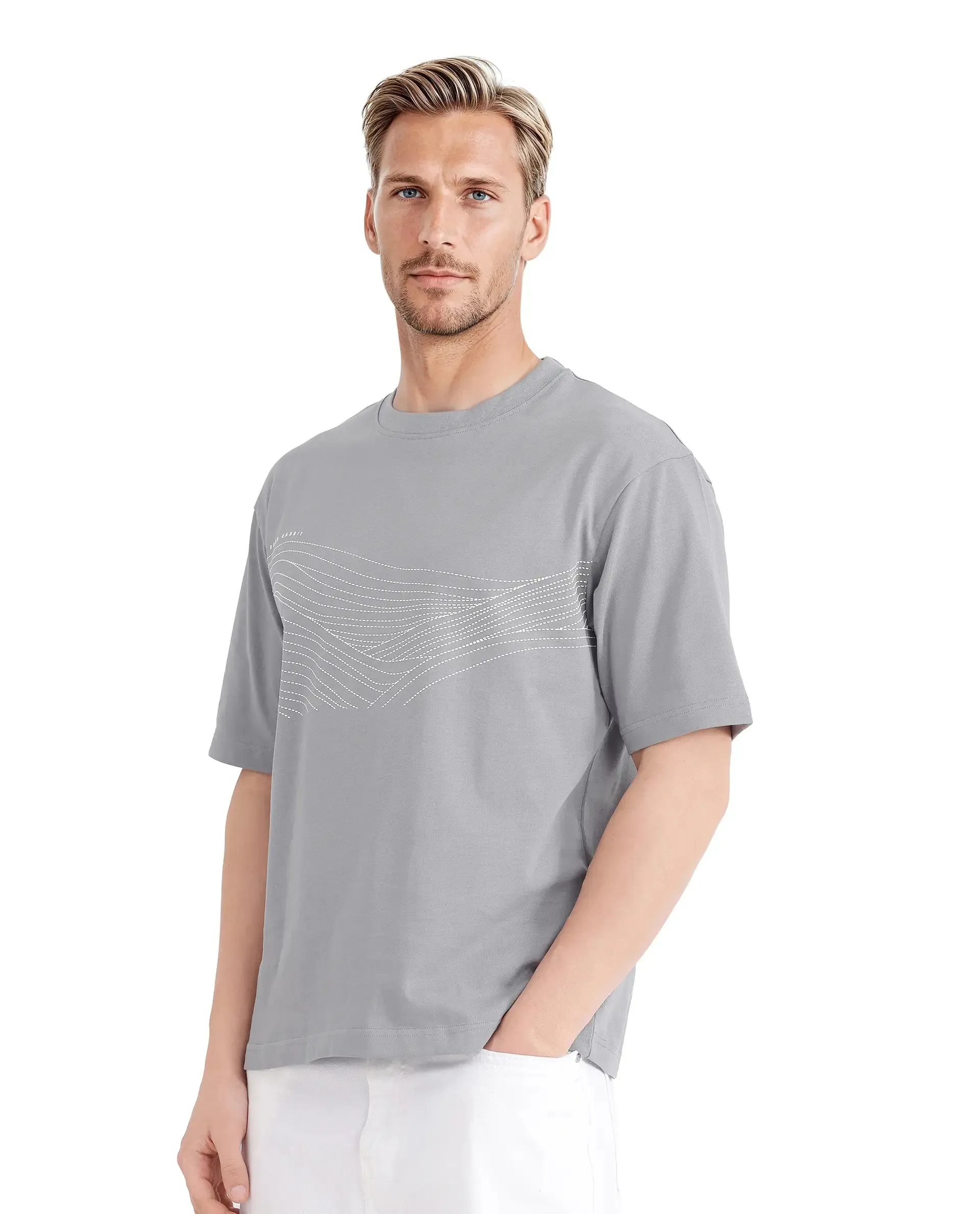 Rare Rabbit Men Vint Light Grey Cotton Fabric Short Sleeve Crew Neck Qlo Fit Hd Print T-Shirt