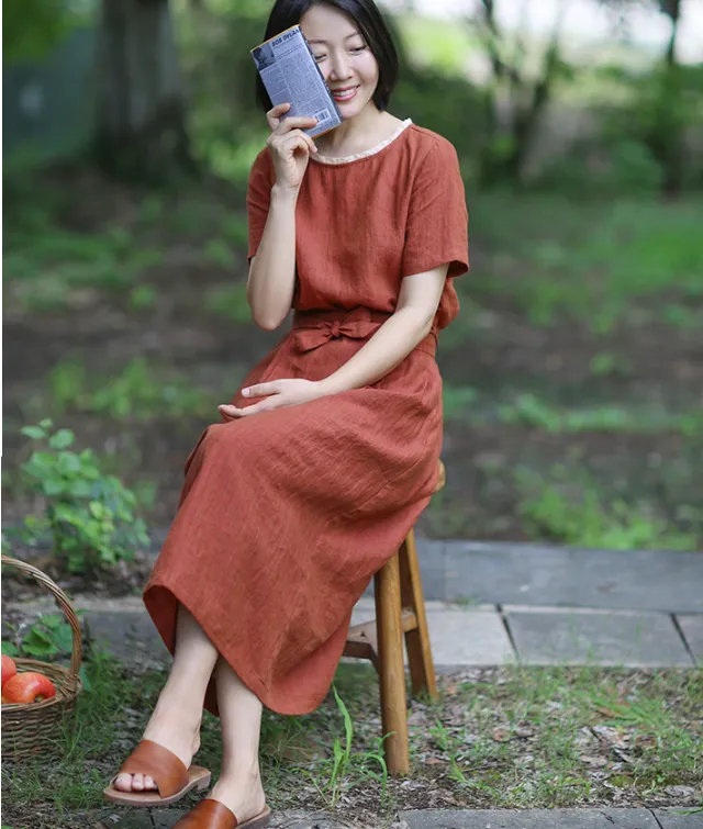Red Women Dresses Casual Summer Linen Women Dresses SJ97215