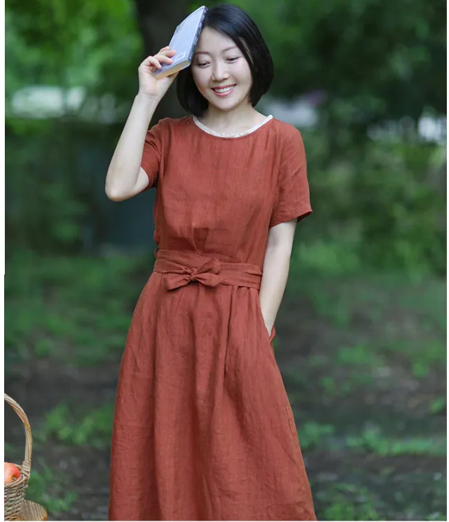 Red Women Dresses Casual Summer Linen Women Dresses SJ97215