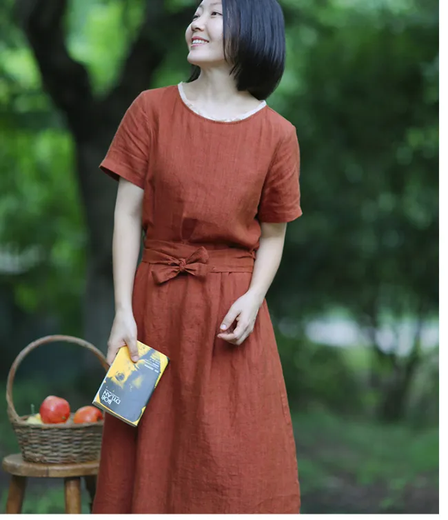 Red Women Dresses Casual Summer Linen Women Dresses SJ97215