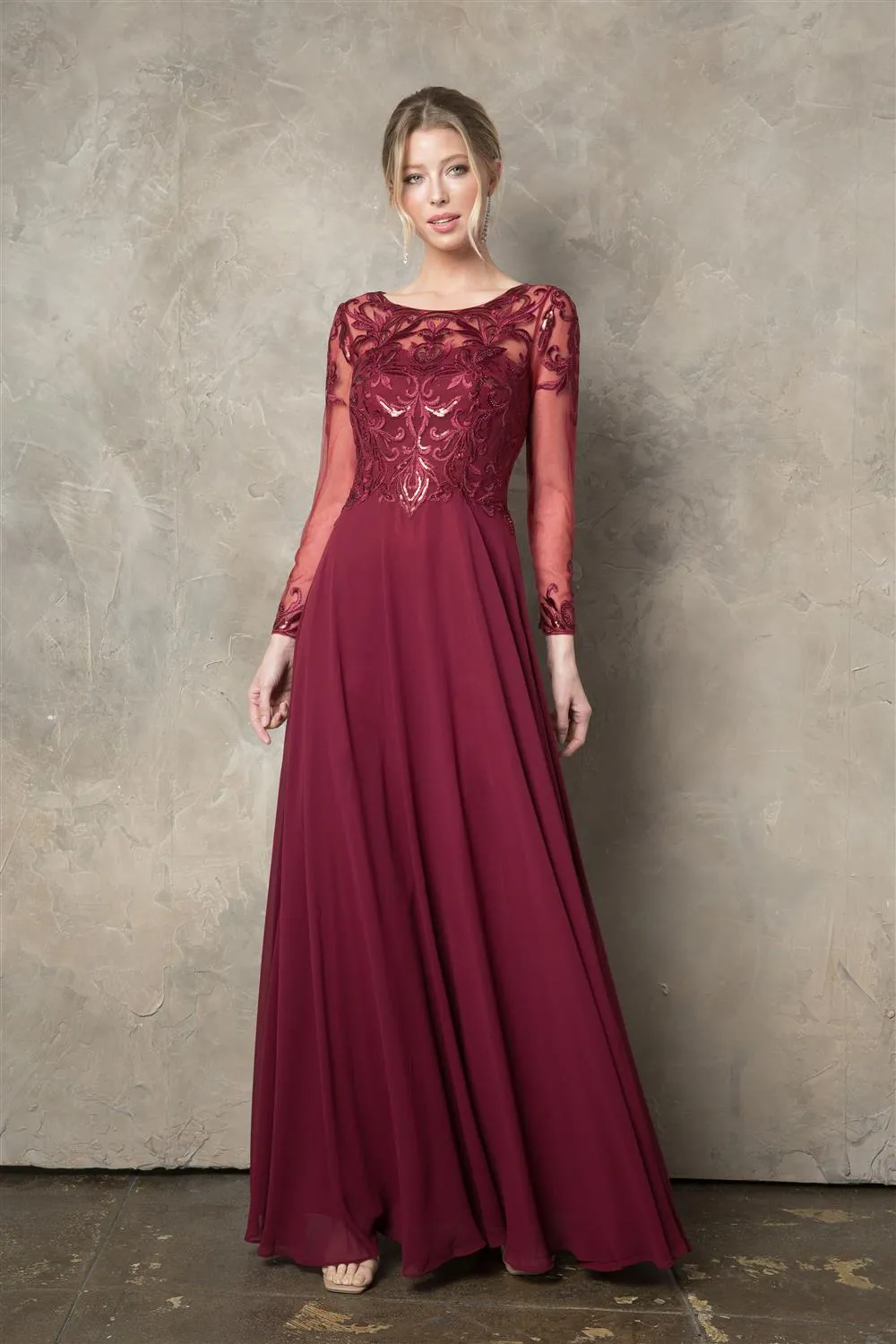 Sequin Embroidered Long Sleeve A-line Gown by Juno 0960
