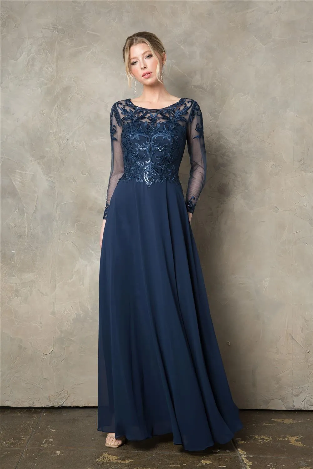 Sequin Embroidered Long Sleeve A-line Gown by Juno 0960