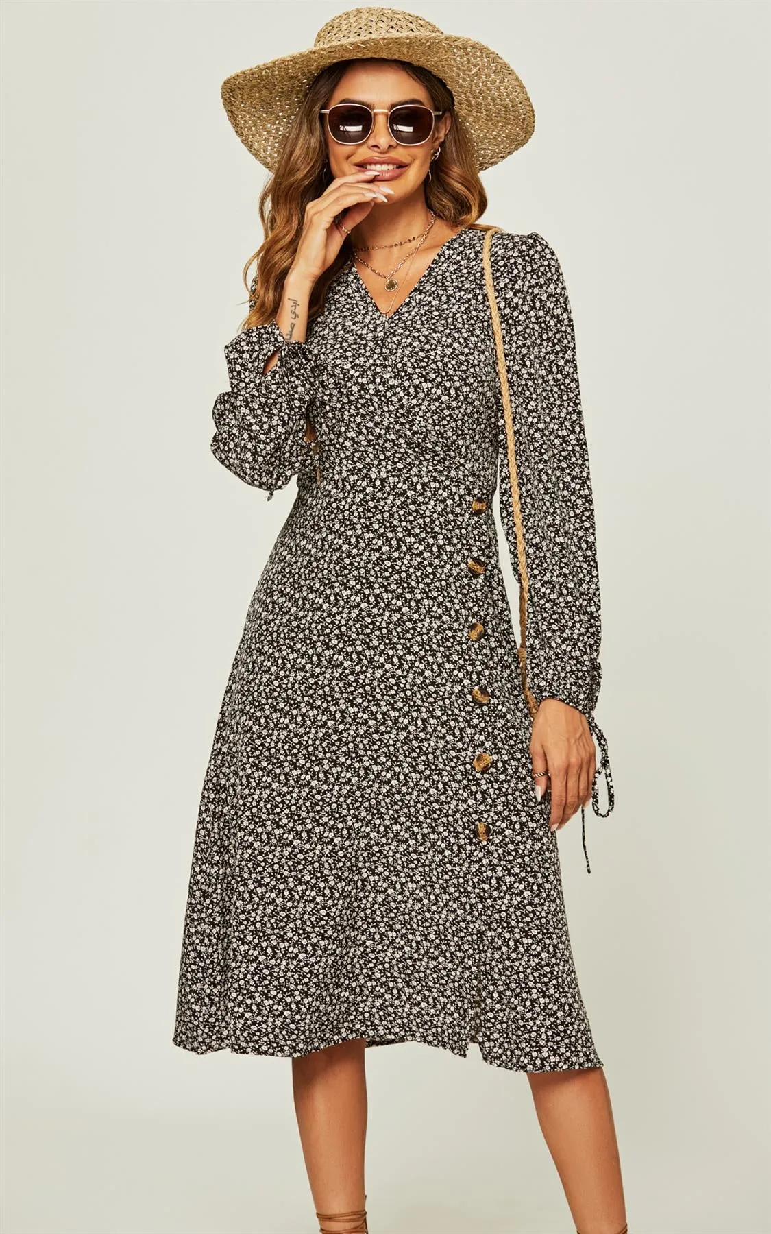 Side Zip Button Detail Floral Midi Wrap Dress In Black