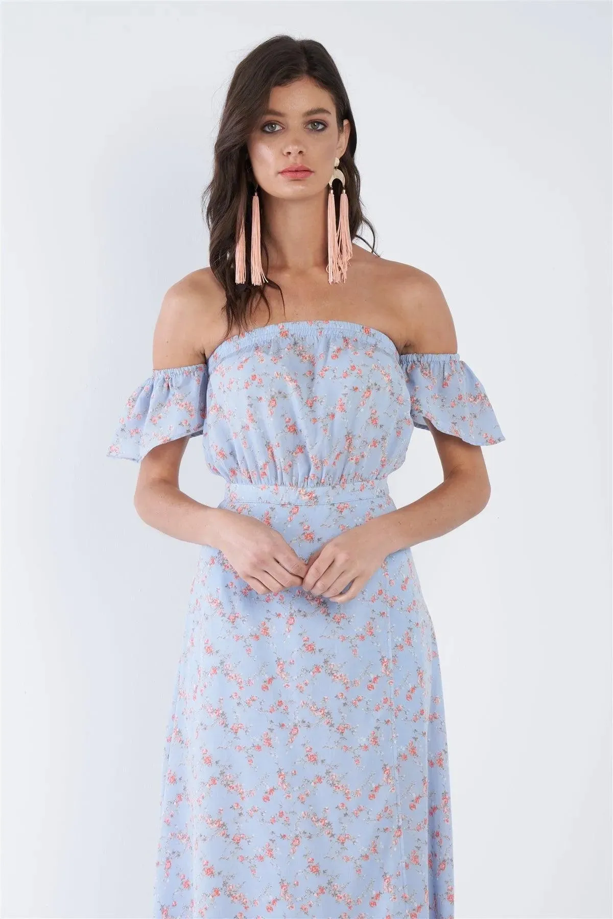 Sky Blue Boho Floral Off-The-Shoulder Maxi Dress   /4-2-1