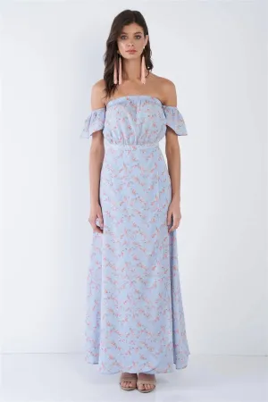 Sky Blue Boho Floral Off-The-Shoulder Maxi Dress   /4-2-1