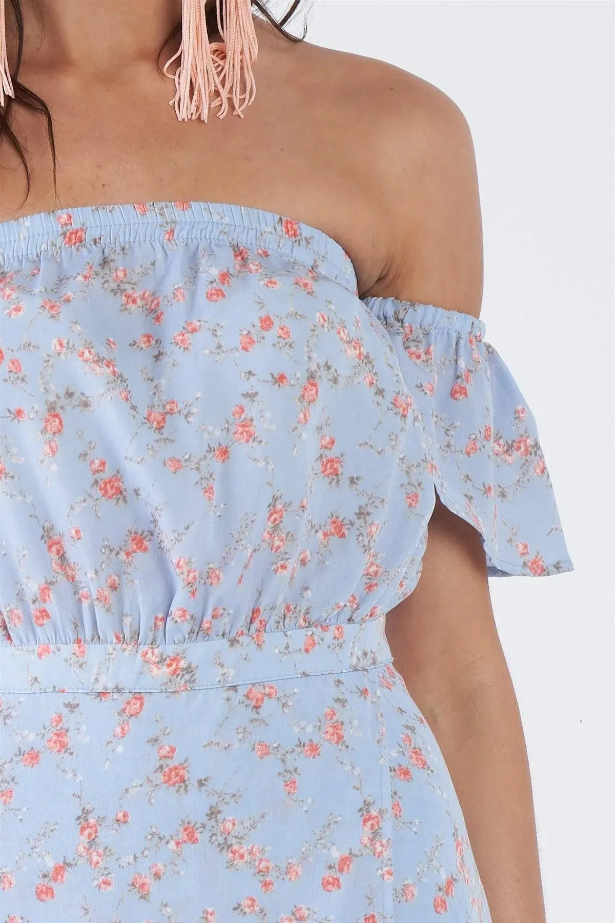 Sky Blue Boho Floral Off-The-Shoulder Maxi Dress   /4-2-1