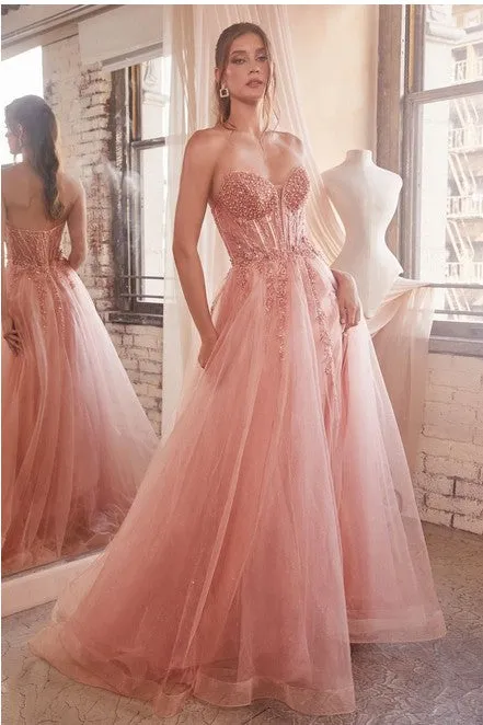 Strapless Sage Green Sequined Embellished Corset Style Tulle Ball Gown