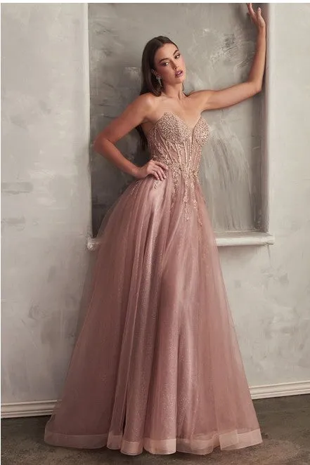 Strapless Sage Green Sequined Embellished Corset Style Tulle Ball Gown