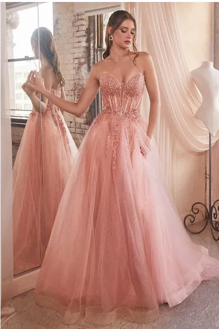 Strapless Sage Green Sequined Embellished Corset Style Tulle Ball Gown