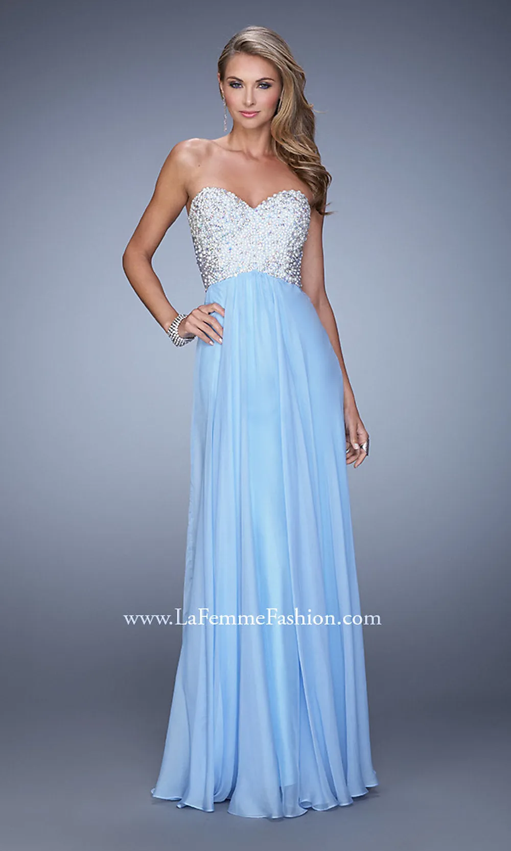 Strappy-Back Long Strapless Prom Dress with Beads