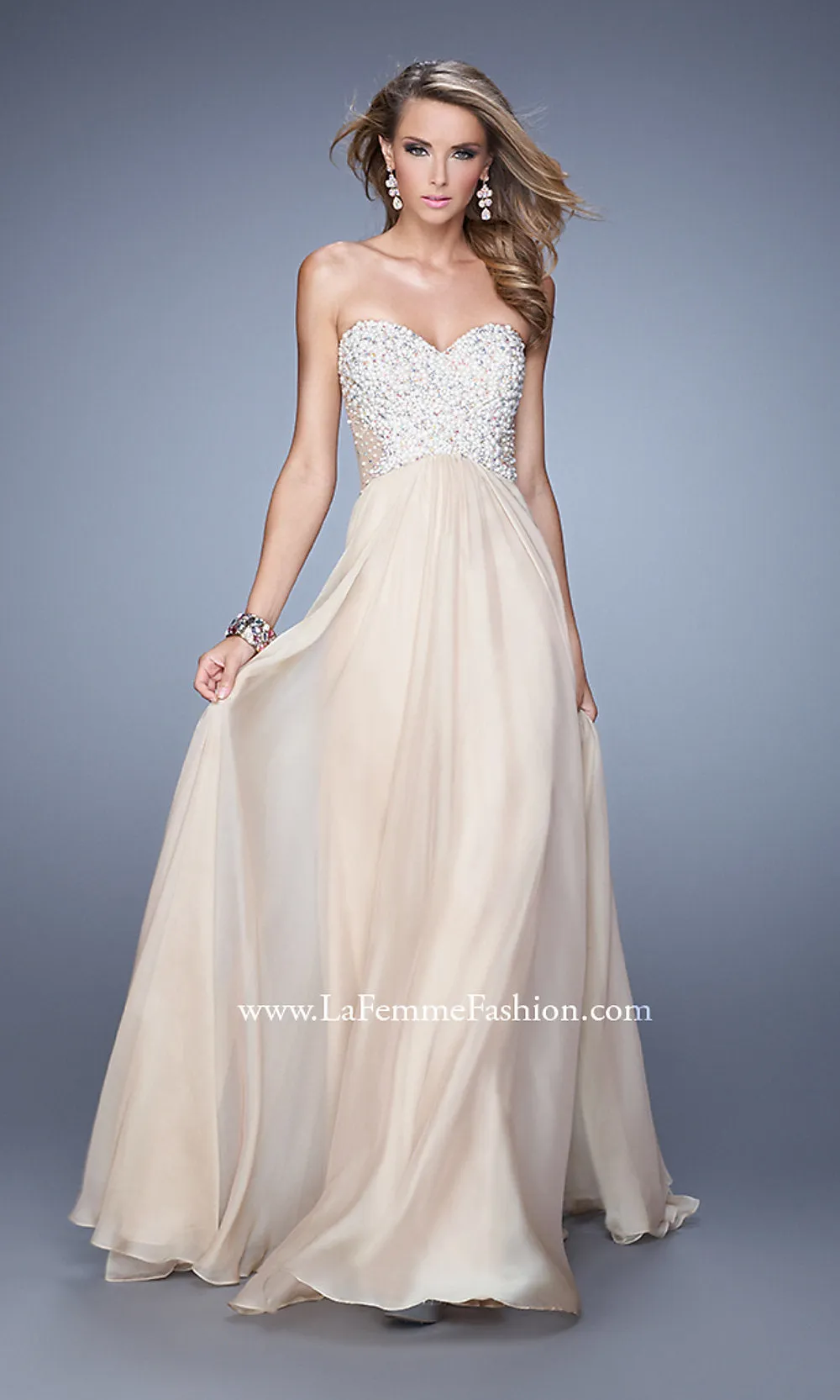 Strappy-Back Long Strapless Prom Dress with Beads