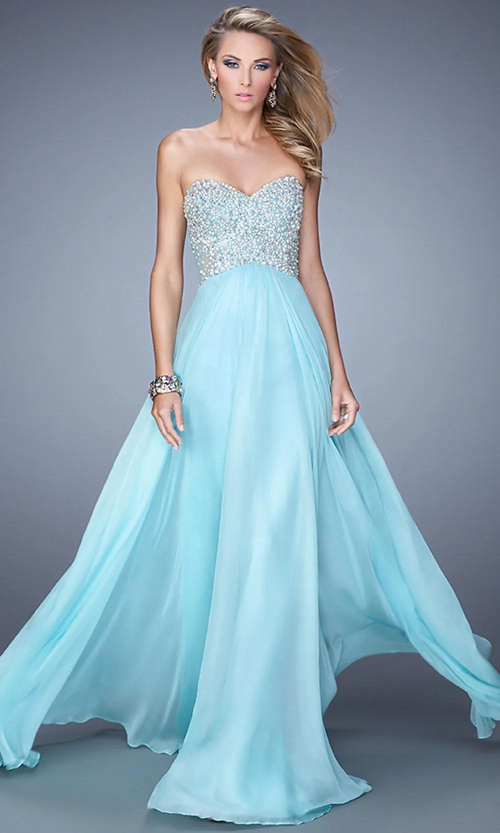 Strappy-Back Long Strapless Prom Dress with Beads