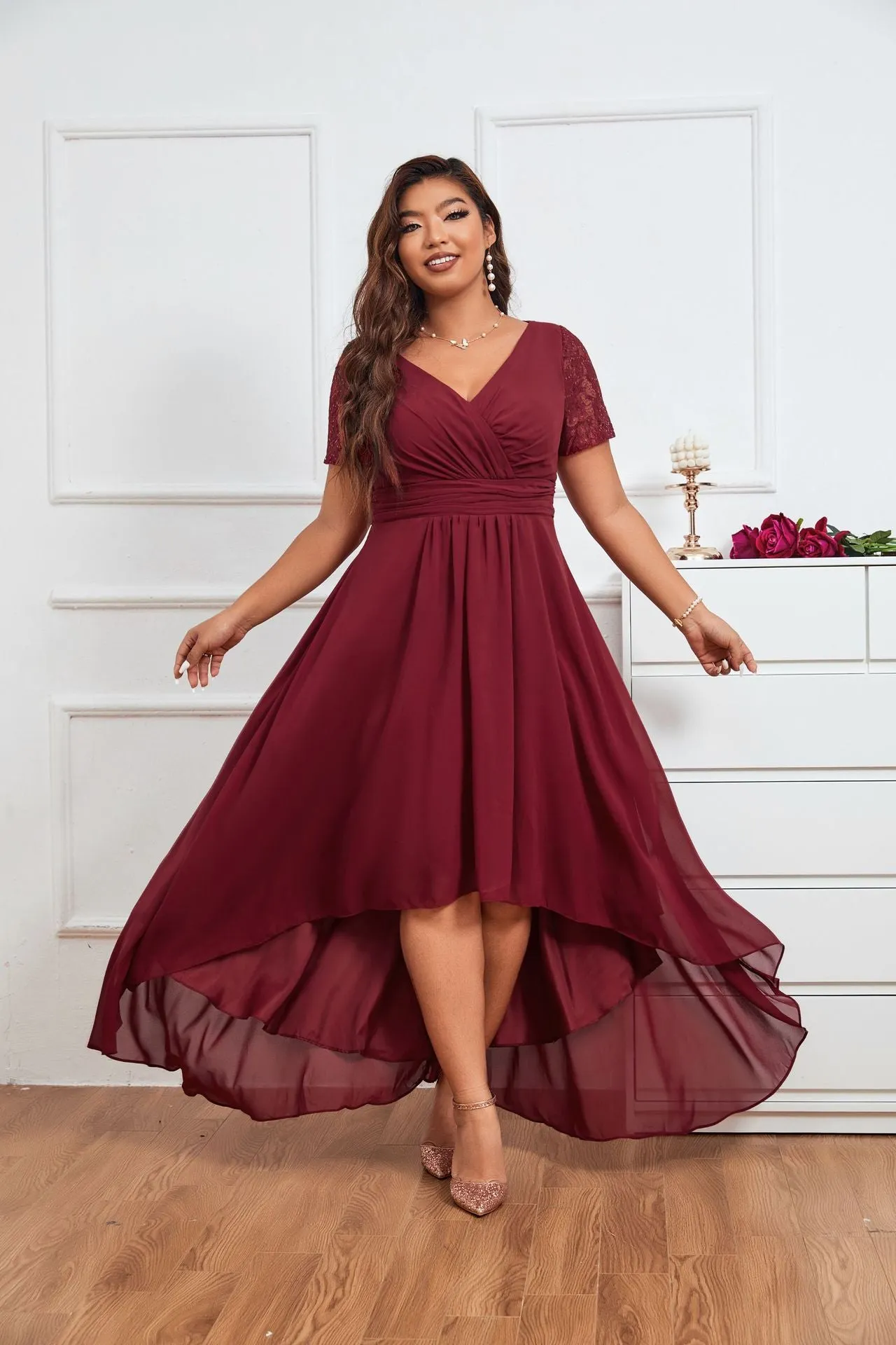 TastyHottie - Lace Burgundy Plus Size Asymmetrical Party Dress