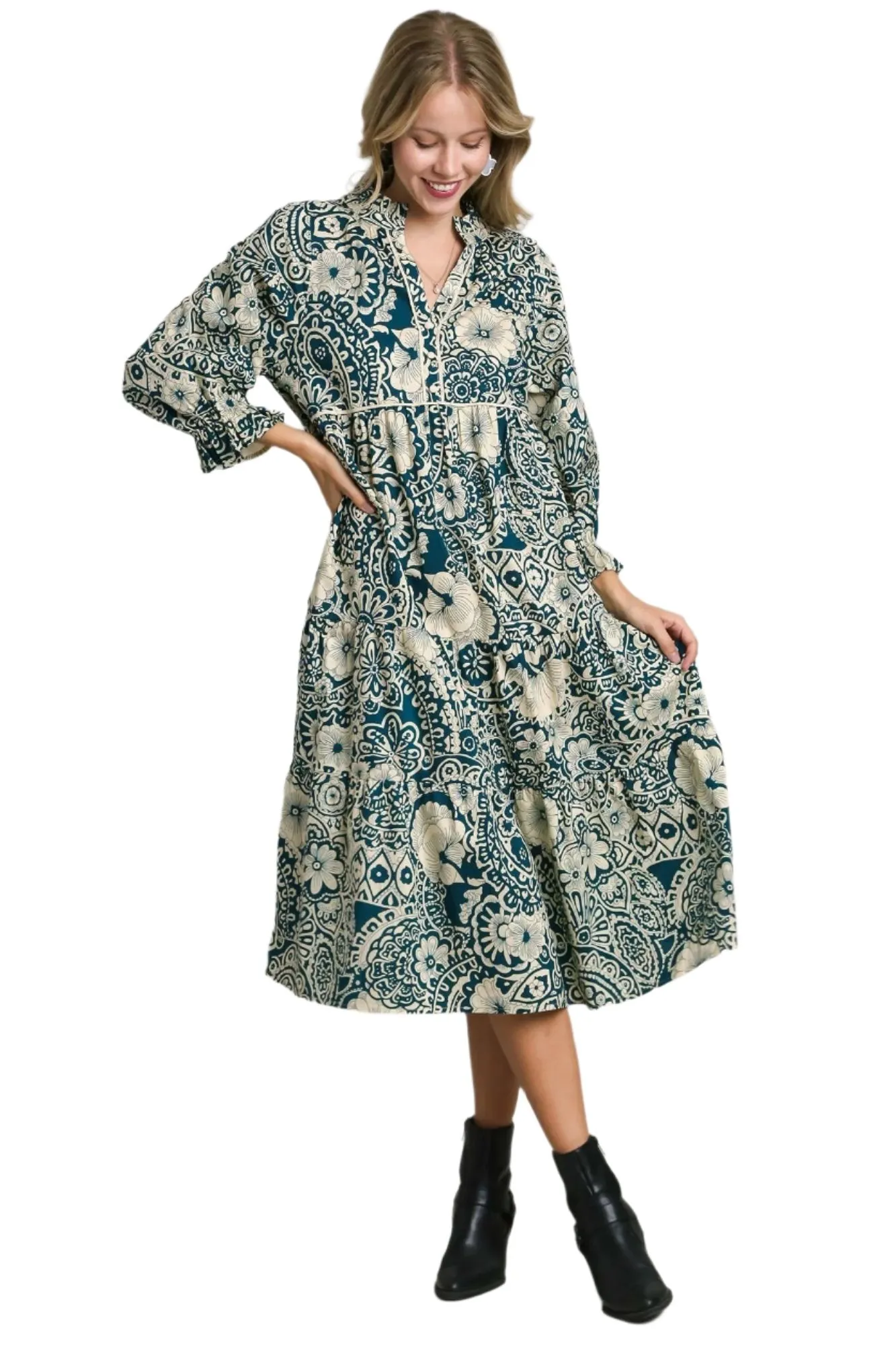 Two Tone Floral Tiered Midi Dress, Peacock