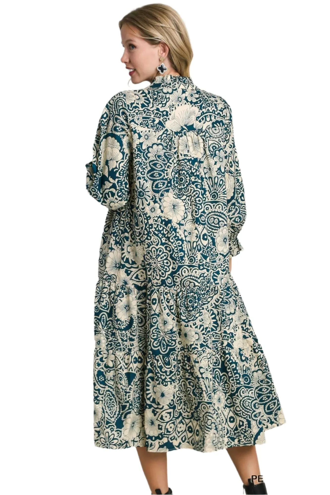 Two Tone Floral Tiered Midi Dress, Peacock